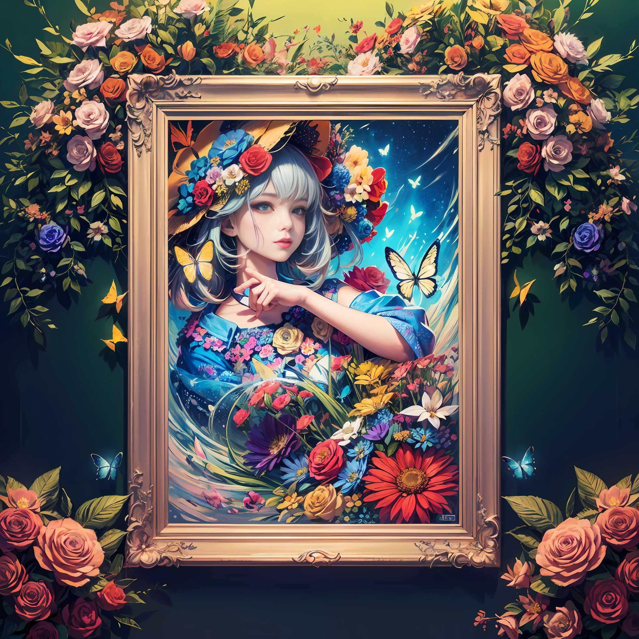 (masterpiece:1.1), (highest quality:1.1), (HDR:1.0), ambient light, ultra-high quality,( ultra detailed original illustration), (1girl, upper body), ((harajuku fashion)), ((flowers with human eyes, flower eyes)), double exposure, fusion of fluid abstract art, glitch, (original illustration composition), (fusion of limited color, maximalism artstyle, geometric artstyle, butterflies, junk art)