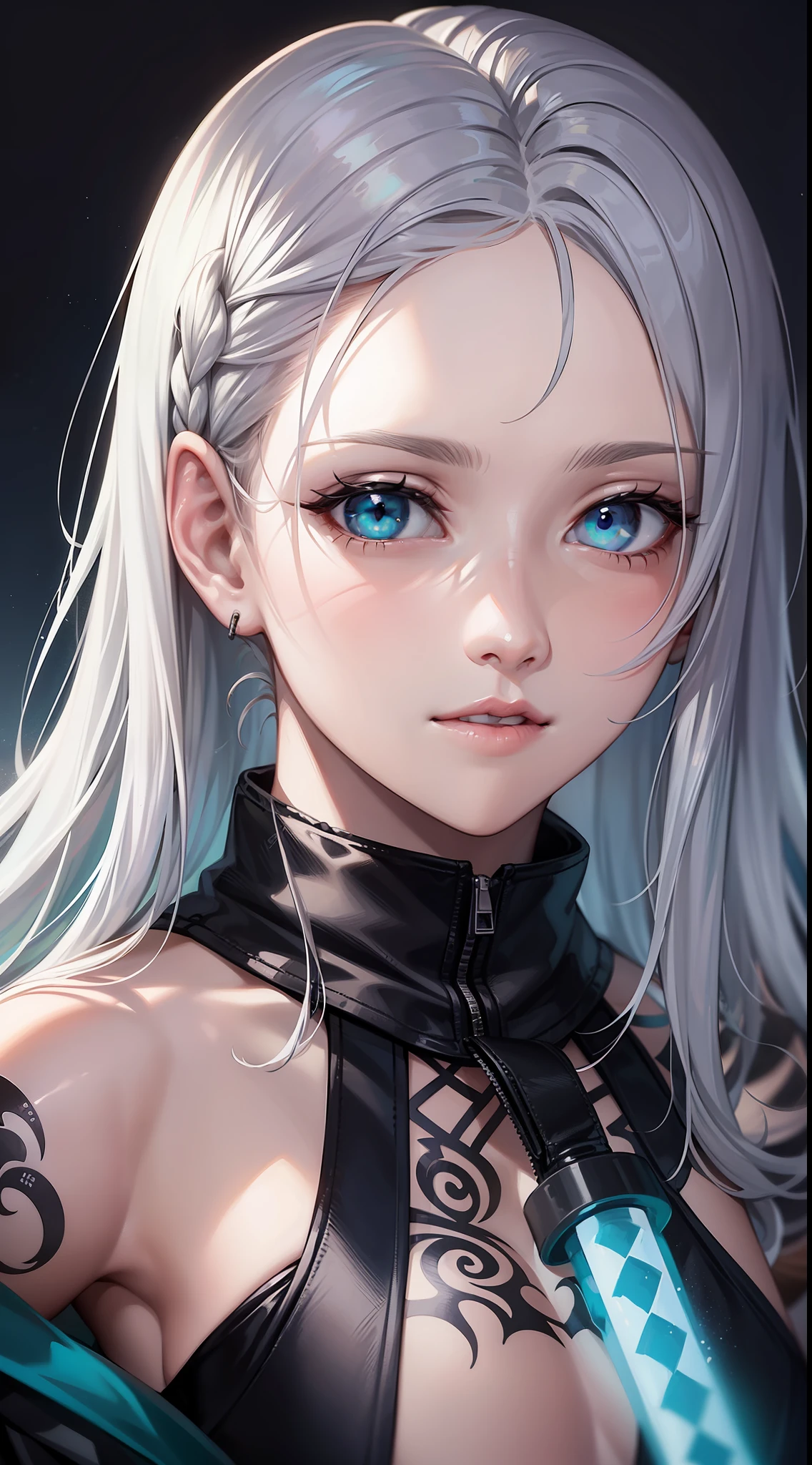young girl, Long silver hair, turquoise eyes, white tattoos on the face, Rob Jedi, Lightsaber, Masterpiece, hig quality