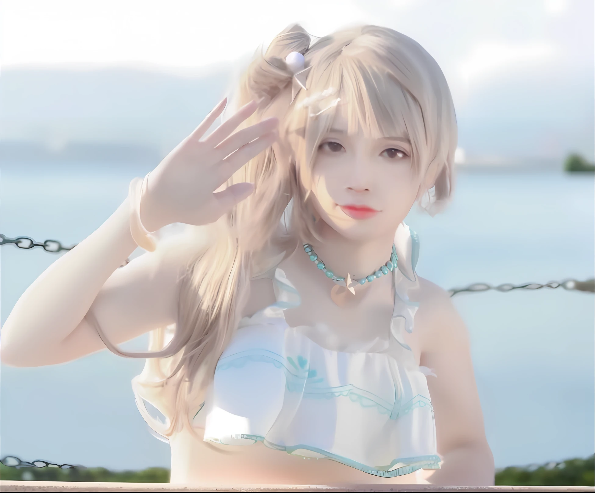 textured skin, masterpiece,araffe girl in a white top and blue shorts posing by the water, belle delphine, Anime girl cosplay, Anime girl in real life, shikamimi, ayaka cosplay, sugar