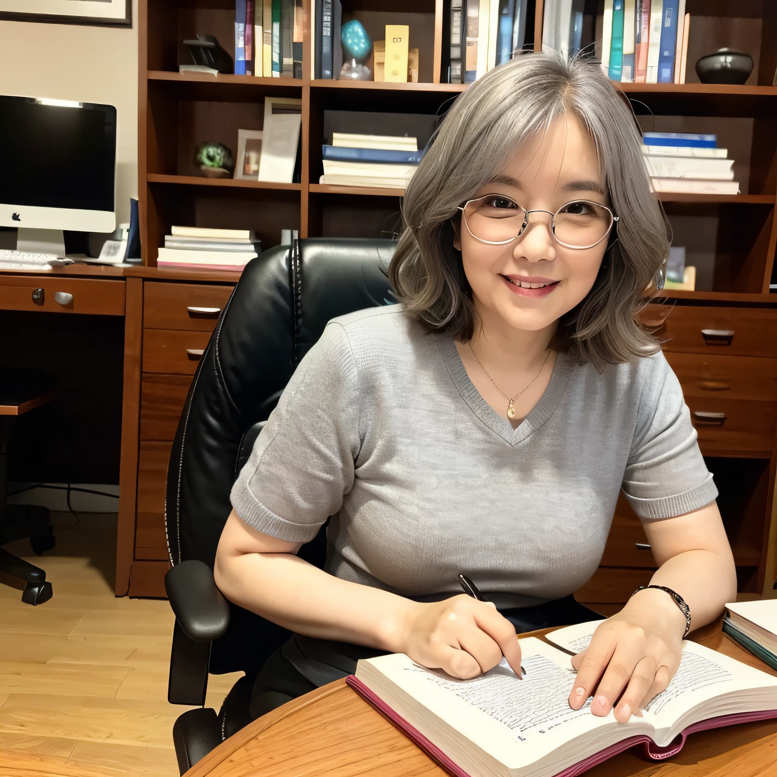 an midle aged asian woman (short wavy gray hair, glasses, wearing a shirts, closed mouth, Light smile) sitting on a chair and typing on computer on a desk, 50-year-old korean girl, professor, whole subject shown in photo, mature and little chubby woman, in study with lots of books, portrait of female university professor, mature and lovely korean face, studying, typing, looking at the computer monitor, sitting in a chair, Portrait of Korean mature Female at a study filled with lots of books, computer on the desk and a big bookshelves filled with many books in the background,