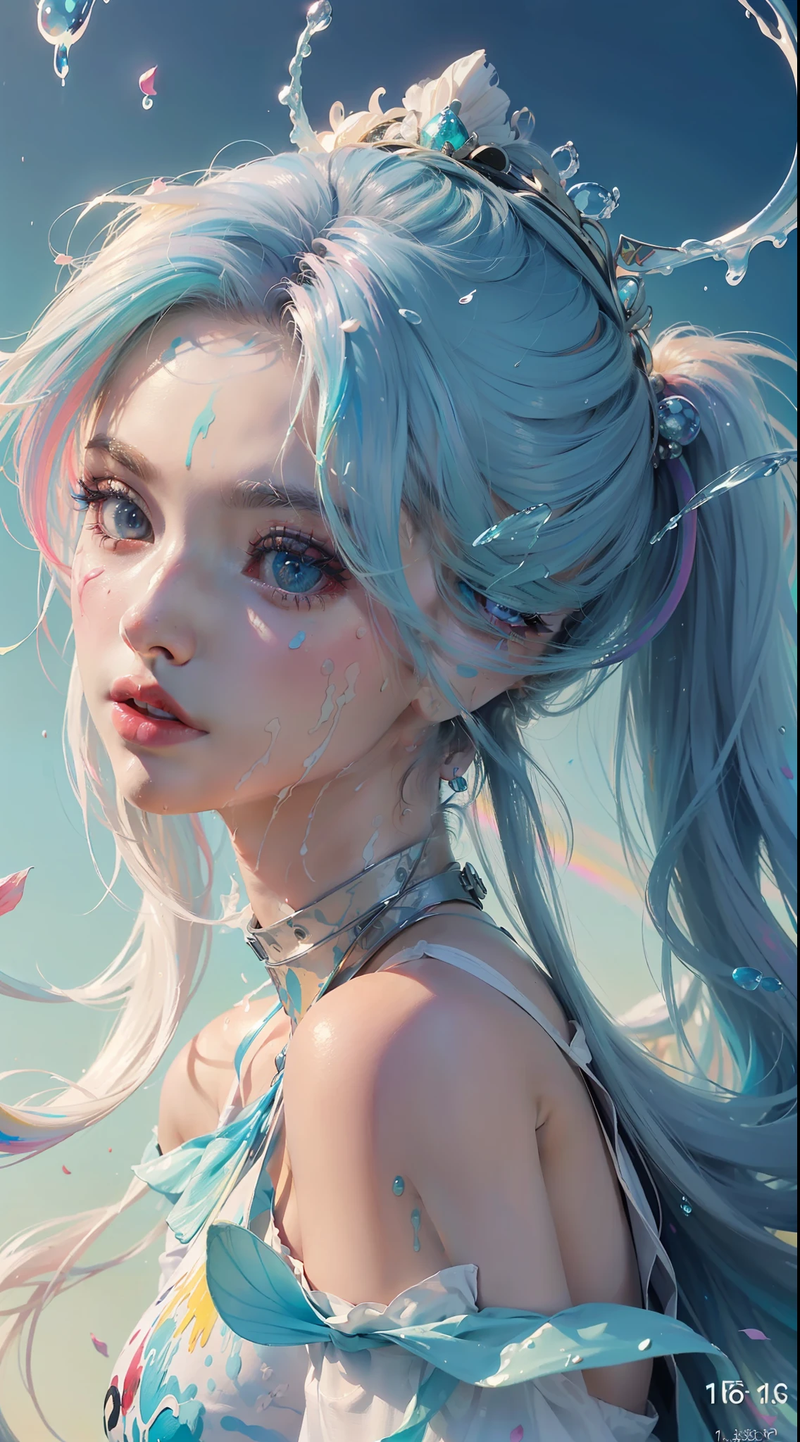 (Pink Fashion T-shirt:1.9),(Colorful hair: 1.8), (all the colours of the rainbow: 1.8),(((((vertical painting:1.6))), (painting:1.6),front, comics, illustrations, paintings, large eyes, crystal clear eyes,( rainbow color gradient high ponytail:1.7), exquisite makeup, closed mouth,(Small Fresh: 1.5),(Wipe Chest: 1.6) ,long eyelashes, white off shoulder T-shirt, White Shoulder Shirt,looking at the audience, large watery eyes, (rainbow colored hair:1.6), color splash, (solo:1.8), color splash, color explosion, thick paint style, messy lines, ((shining)),(colorful), (colorful), (colorful), colorful, Thick Paint Style, (Splash) (Color Splash), Vertical Painting, Upper Body, Paint Splash, Acrylic Pigment, Gradient, Paint, Highest Image Quality, Highest Quality, Masterpiece, Solo, Depth of Field, Face Paint, colorful clothes, (Elegant: 1.2), gorgeous,long hair, wind, (Elegant: 1.3), (Petals: 1.4),(((masterpiece))),(((best quality))),((ultra-detailed)),(illustration),(dynamic angle),((floating)),(paint),((disheveled hair)),(solo),(1girl) , (((detailed anima face))),((beautiful detailed face)),collar,bare shoulders,white hair, ((colorful hair)),((streaked hair)),beautiful detailed eyes,(Gradient color eyes),(((colorful eyes))),(((colorful background))),(((high saturation))),(((surrounded by colorful splashes))),