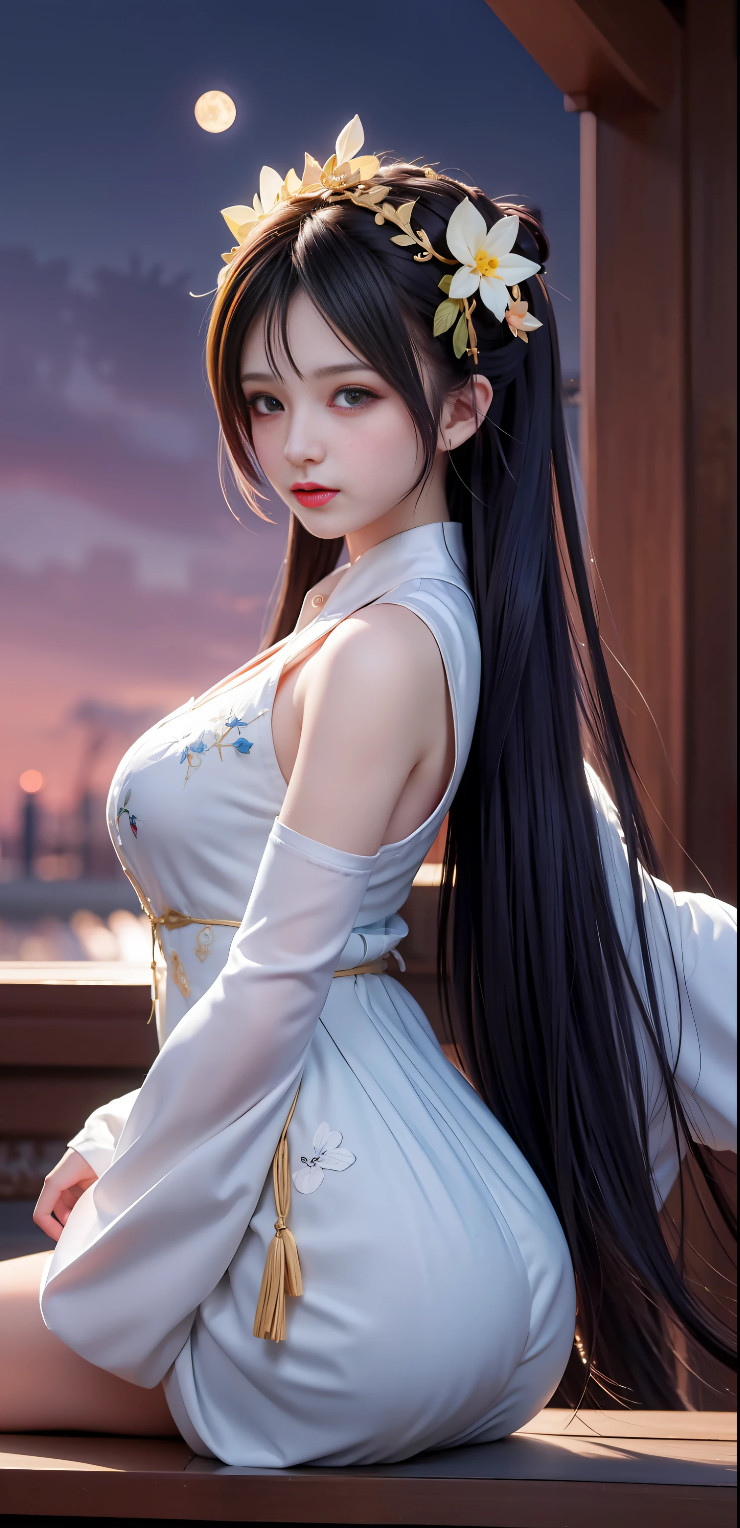 (8k, RAW photo:1.2), best quality, ultra high res,dramatic angle,(fluttered detailed color splashs), (illustration),(((1 girl))),(long hair),(rain:0.9), (头饰:1.4),少女身边有一座古宫,汉服,(重点),彩色水墨画,(泼彩),泼彩,(((colorful))),(素描:0.8) , Masterpiece, best quality, beautiful painted, highly detailed,(denoising:0.6),[splash ink],((ink refraction)), (beautiful detailed sky),moon,highly,detaild,(masterpiece, best quality, extremely detailed） CG unity 8k壁纸，杰作，最好的质量，超详细），（石蒜），
