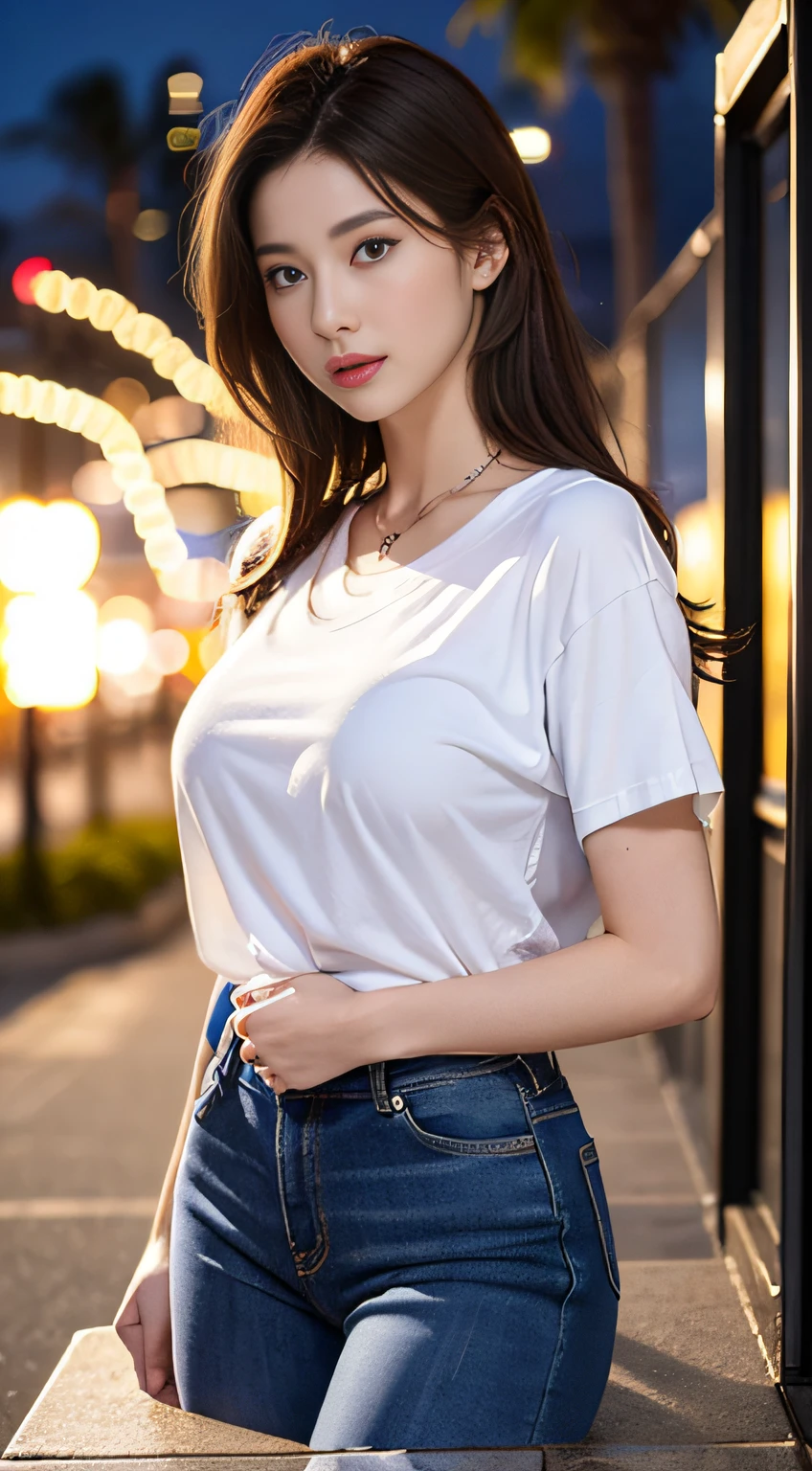 ((Realistic lighting、beste Quality、8K、Master Masterpiece:1.3))、Clear focus:1.2、 a girl、Perfect Body Beauty:1.4、Slim abs:1.1、a whole body、((darkbrown hair、a large breast:1.3))、(Acceleration:1.4)、(al fresco、Night:1.1)、Waikiki beach、Fireworks Festival、Palm Tree、slender face、Fine eyes、Double eyelidd、poses of fashion models、Floating hair、T‐shirt、jeans、Pendants、