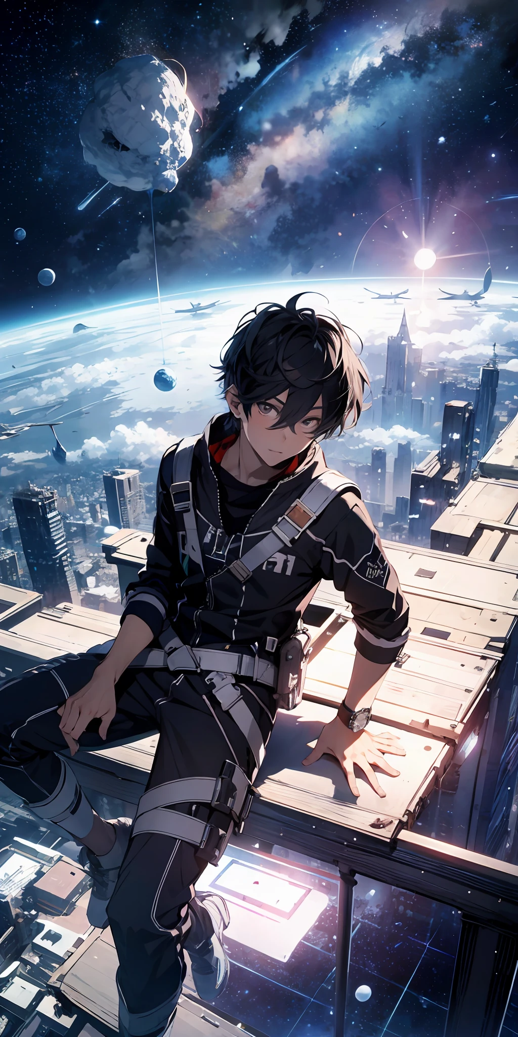 ridiculous resolution, high resolution, (masterpiece:1.4), super detailed, 1boy, seen from above, space, floating, --v 6
