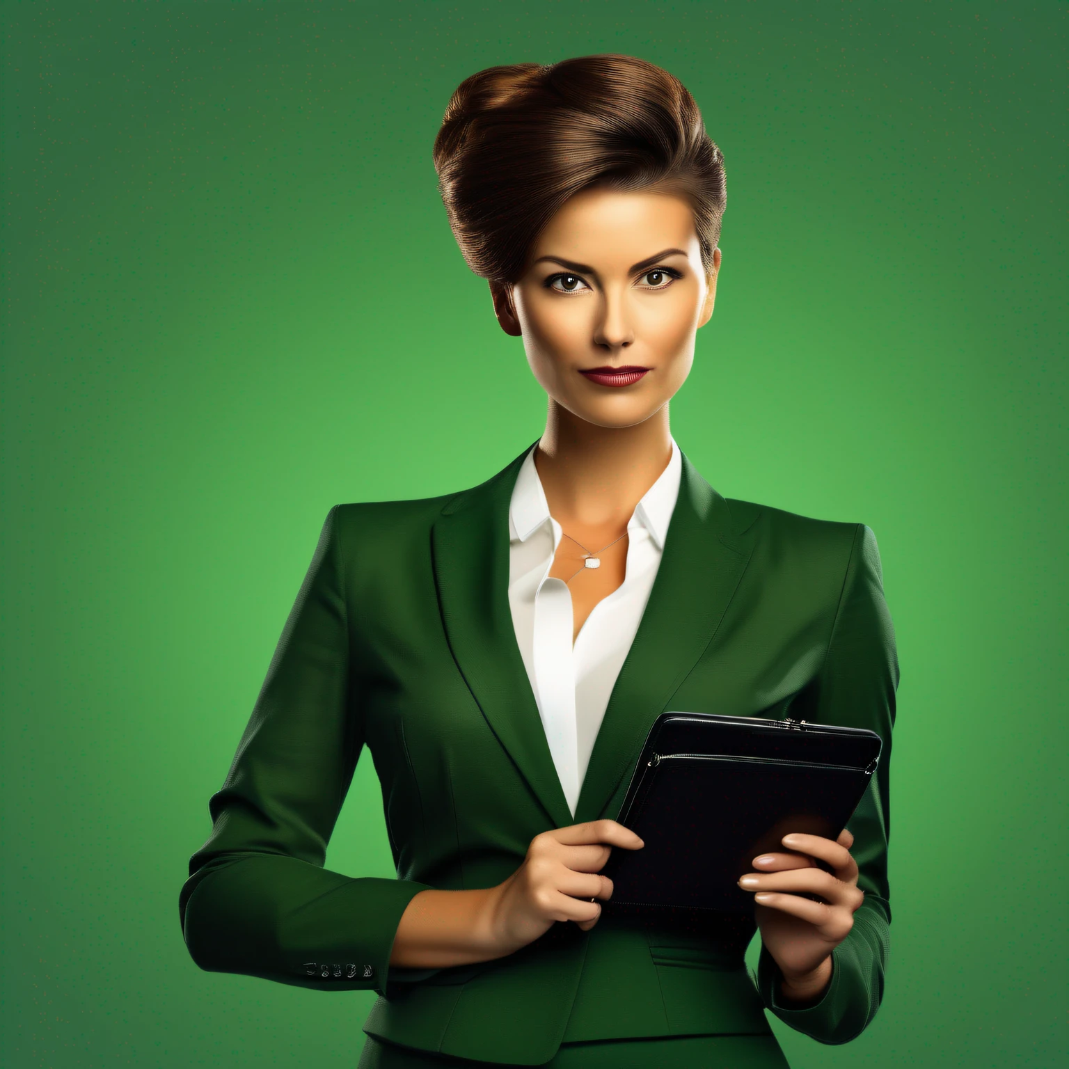 Use SD Pro to generate an impactful image: a captivating woman on a solid green background. She is the main focus, without distractions. Displaying confidence and professionalism, she wears an elegant suit with white blouse, black skirt and high-heeled shoes. Her hair is in a sophisticated bun. Holding a brown leather briefcase and a cell phone, she conveys fascination and charisma.