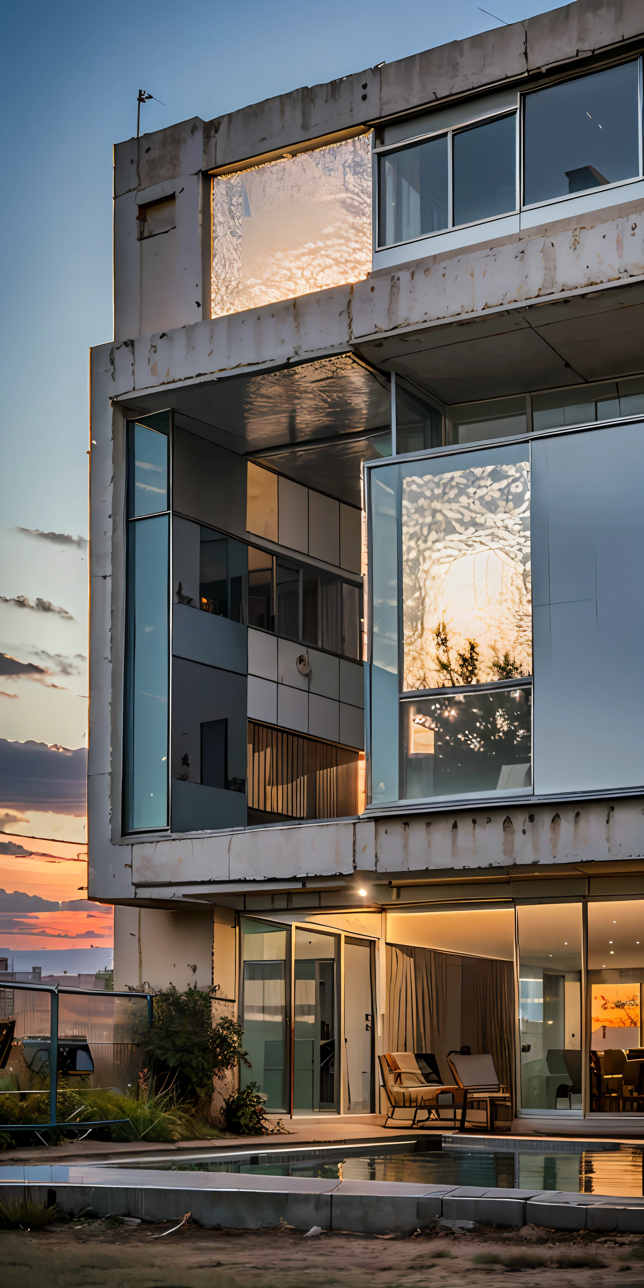 An ultra-modern mansion, in a portrait style that's photo realistic and hyper detailed, with intricate and dramatic details. Shot with an 85mm lens at f1.8, with lighting that captures the beauty of a sunset and high dynamic range. Shadows show extreme attention to detail.
