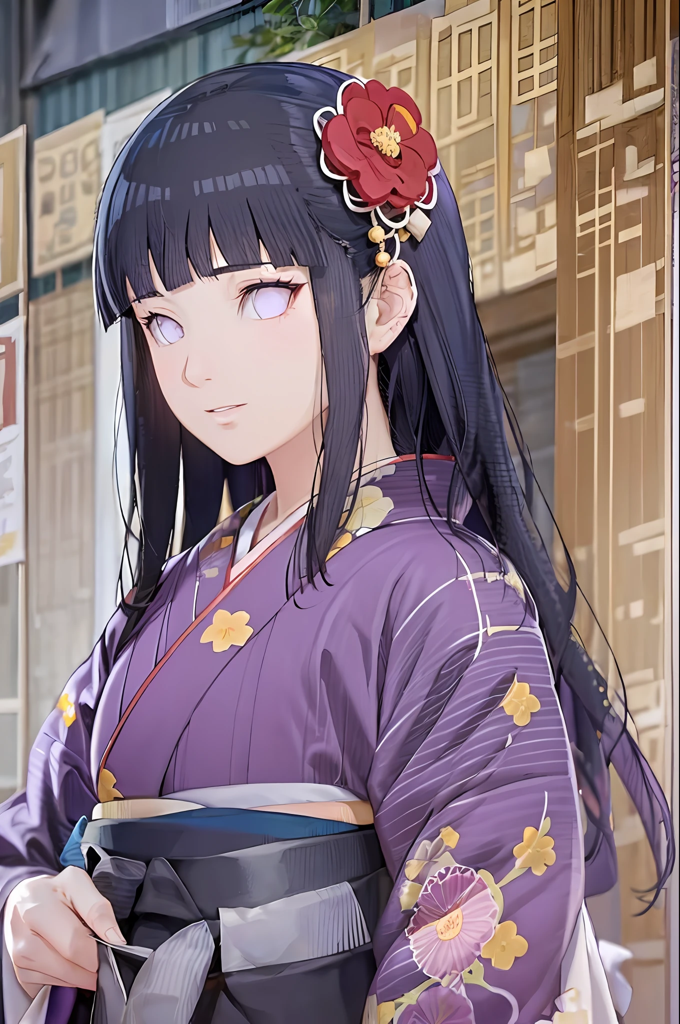 hakama skirt, 1girl, solo, outdoor, cute japanese model girl, floral print, hair ornament, kimono, hakama, bangs, masterpiece, best quality, purple eyes, dark blue hair, long hair, blunt bangs
