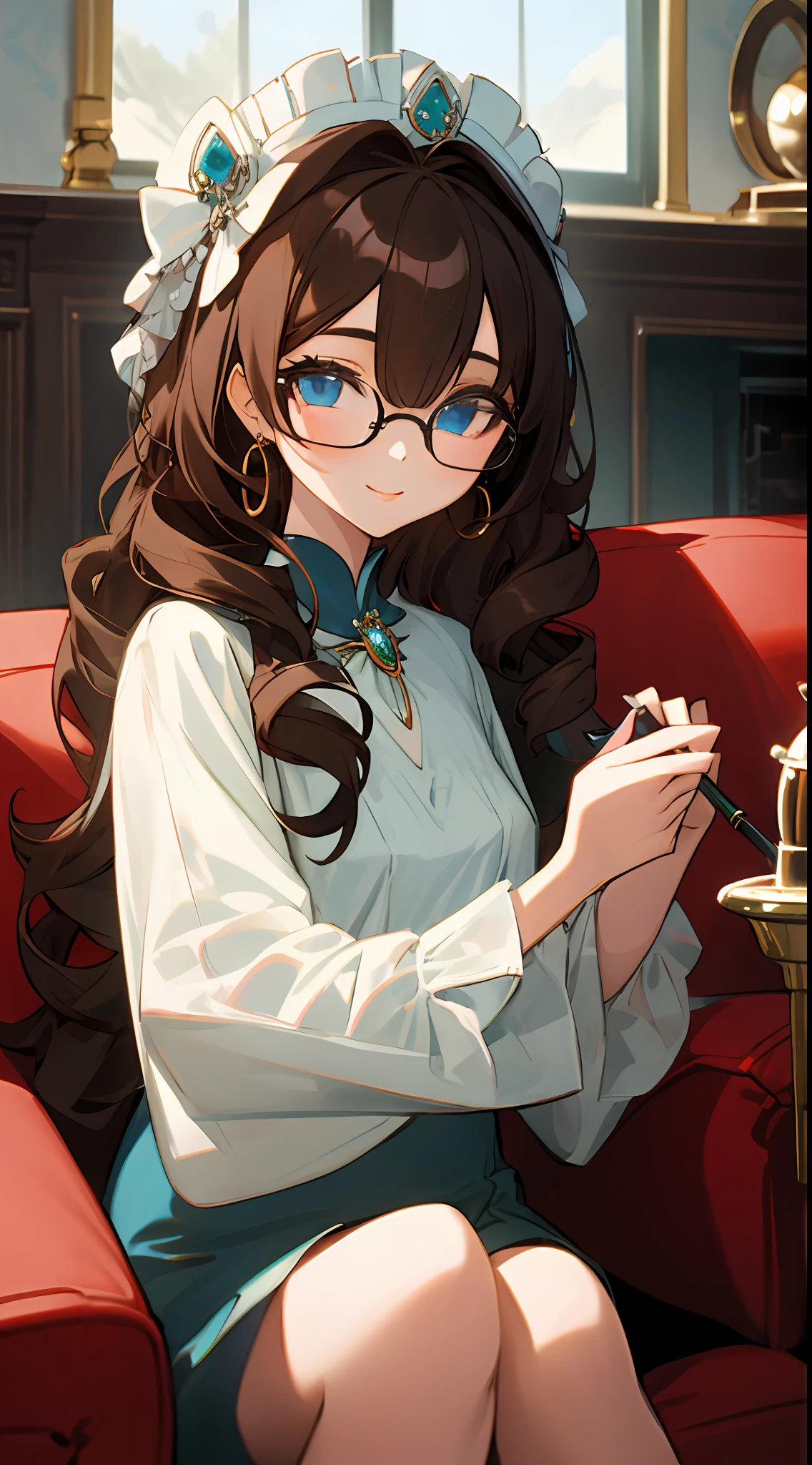 （杰作：1.3）， best qualitiy， officlal art， Ultra detailded， 1girls， elegant attire， the living room， Seat on the sofa， long haired， ringlets， brown  hair， blue-eyed， eye glass， jewelries， artation [aaron horkey|lisa frank]，