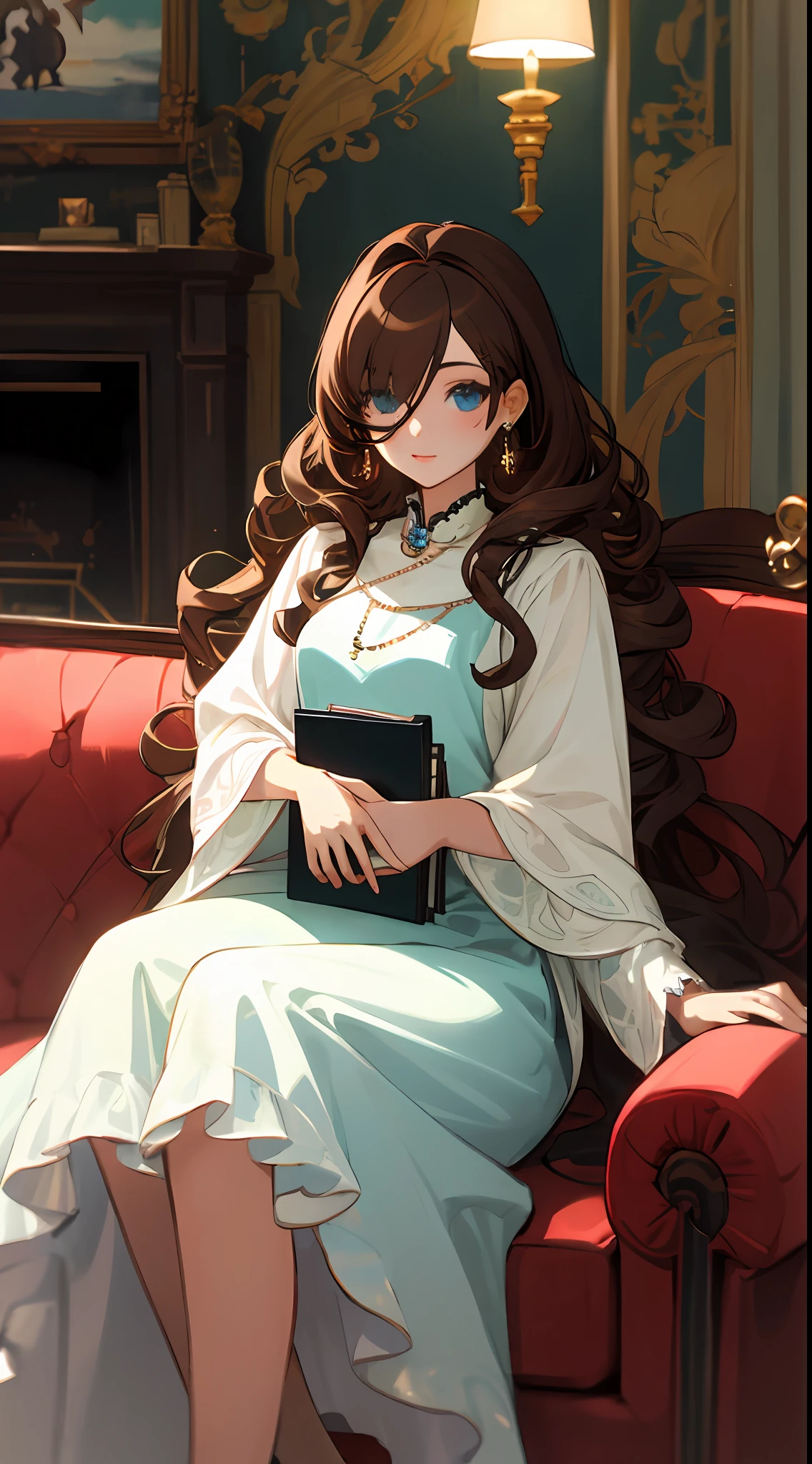 （杰作：1.3）， best qualitiy， officlal art， Ultra detailded， 1girls， elegant attire， the living room， Seat on the sofa， long haired， ringlets， brown  hair， blue-eyed， eye glass， jewelries， artation [aaron horkey|lisa frank]，