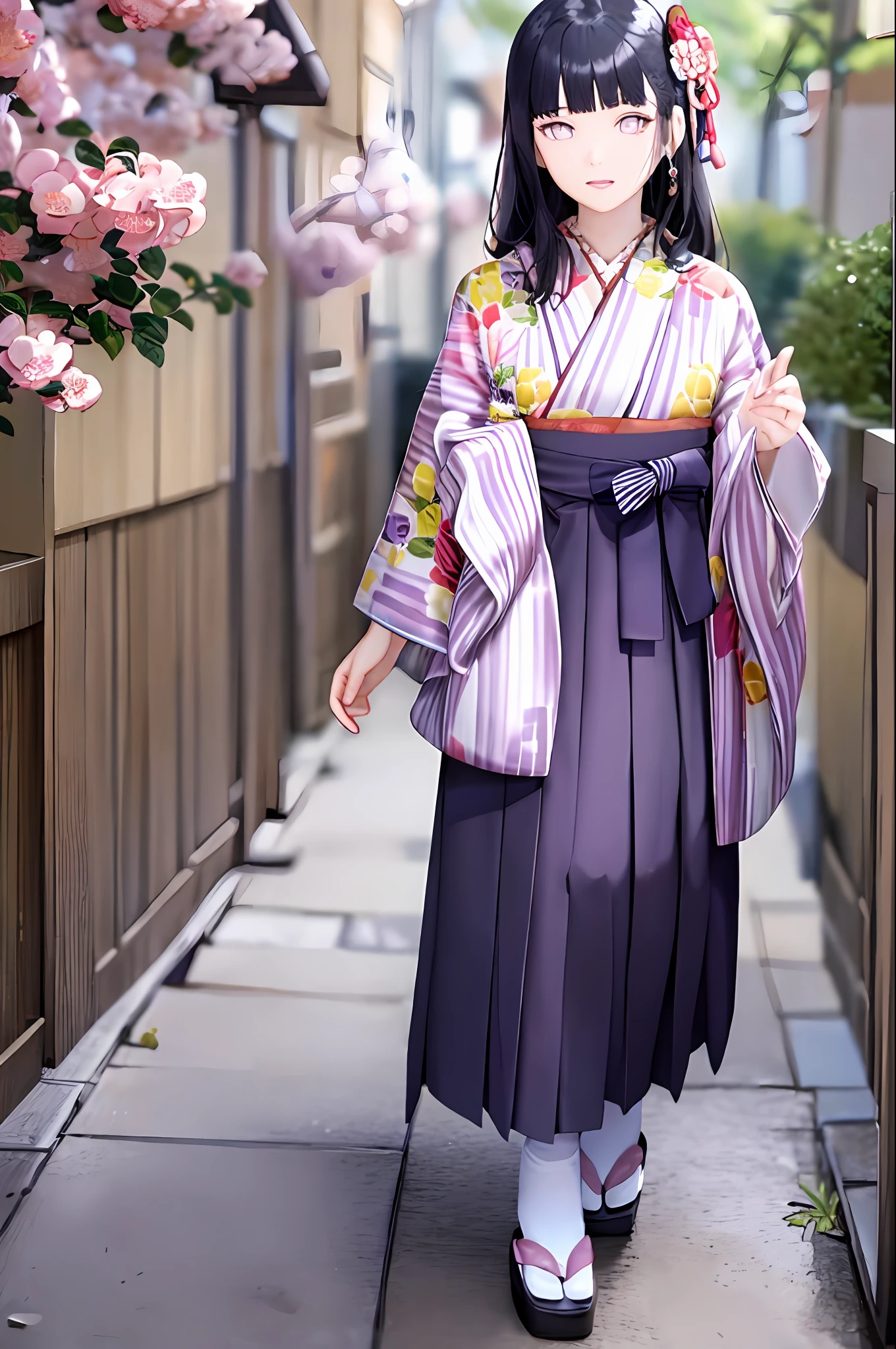 hakama skirt, 1girl, solo, outdoor, cute japanese model girl, floral print, hair ornament, kimono, hakama, bangs, masterpiece, best quality, purple eyes, dark blue hair, long hair, blunt bangs