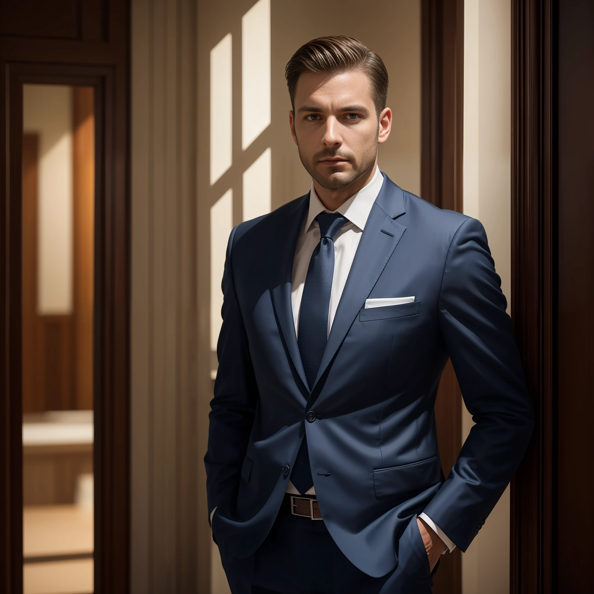 a Man standing with 30 years in suit and tie, body and head straight in the photo, facing the viewer of the photo, eyes fixed to the lens, appears shoulders and head in the photo, man centered in the photo, 8k, best quality, masterpiece, realistic, realistic photo, movie photo, ultra realistic, 1 person, detailed, perfect lighting, DSRL, professional photo, 4k ,Blue lighting