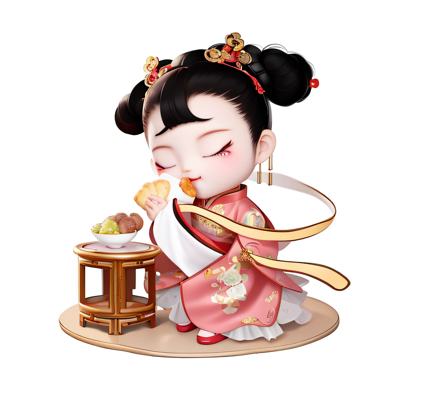 A Qing dynasty Gege sits in a pink cheongsam eating pastries,Count the flagheads,Hold the pastry in your hand, Chinese girl, royal palace ,Chinese Gege, ancient chinese princess, Eat the, having a snack,