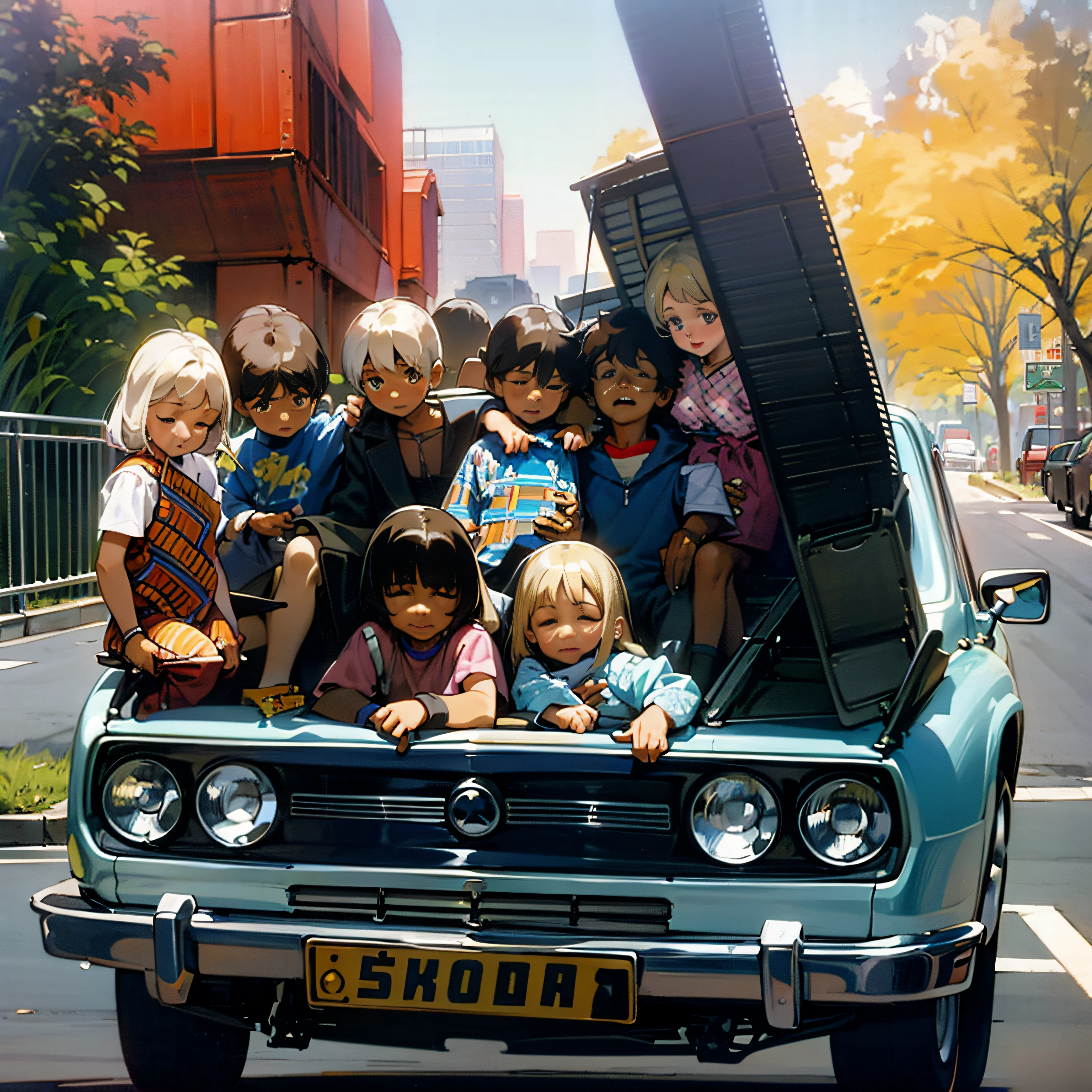 there are many children sitting in the trunk of a car, photo from the 70s, photo from the 7 0 s, czech nostalgia, smoothly, 1980 cars, from 1977, from the 70 s, 1972 soviet, 70s photo, 7 0 s photo, by Georg Scholz