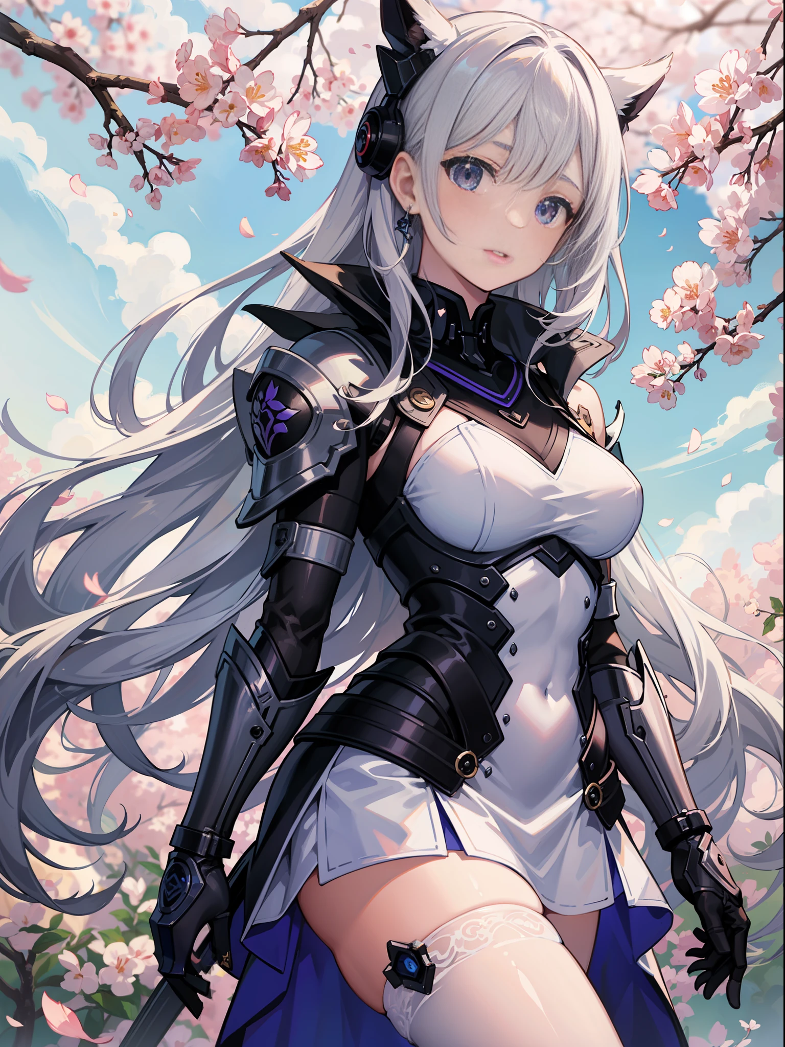 A very good quality,杰作,fantastically detailed,逼真,.A beautiful girl standing casually in front of cherry trees and mechs,centred,a whole body,machine armor,long haired,White miniskirt,clong legs,stilettos,looks at the camera,photographs,White stockings