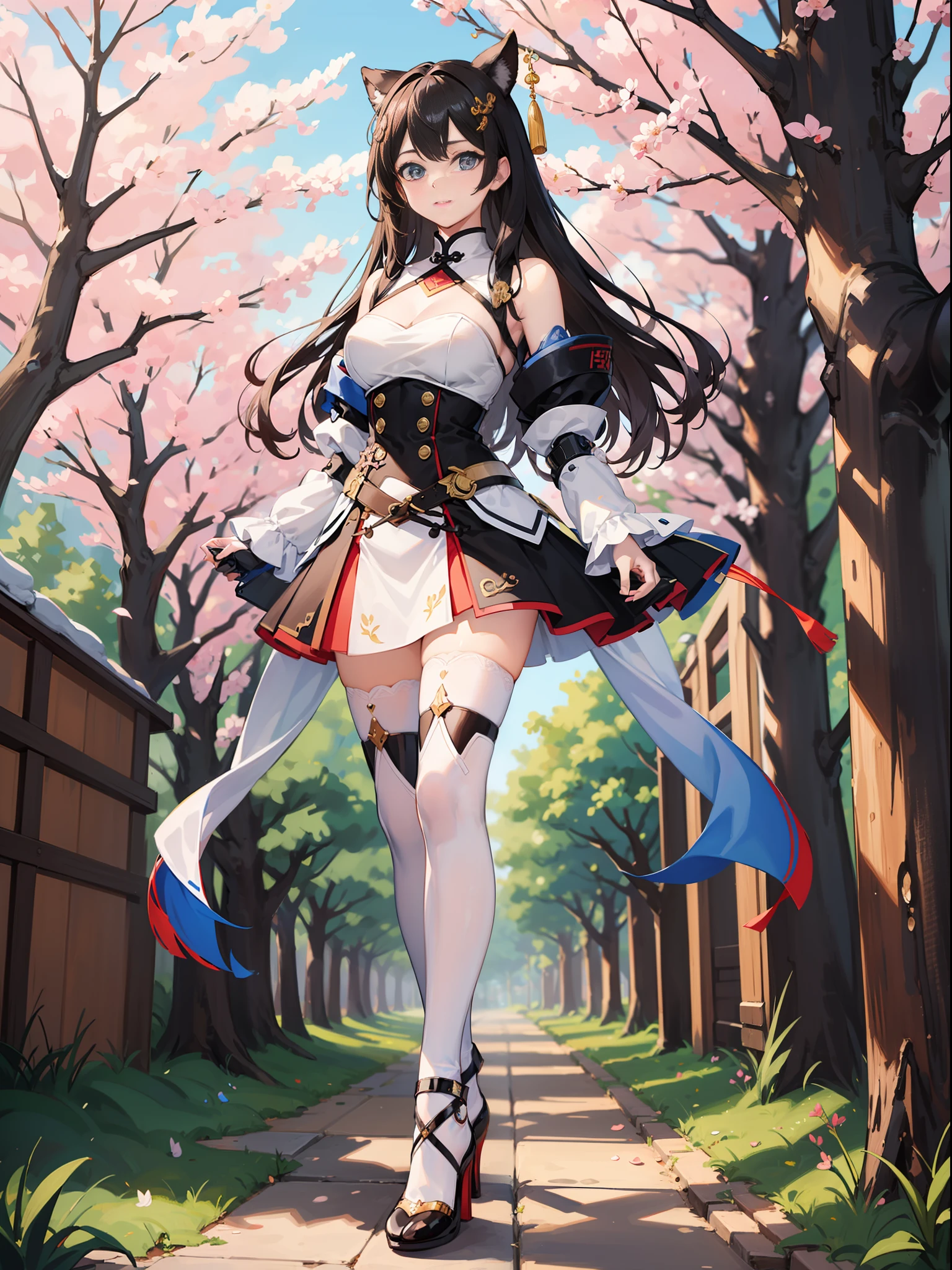 A very good quality，杰作，fantastically detailed，逼真，.A beautiful girl standing casually in front of cherry trees and mechs，centred，a whole body，machine armor，long haired，White miniskirt，clong legs，stilettos，looks at the camera，photographs，White stockings