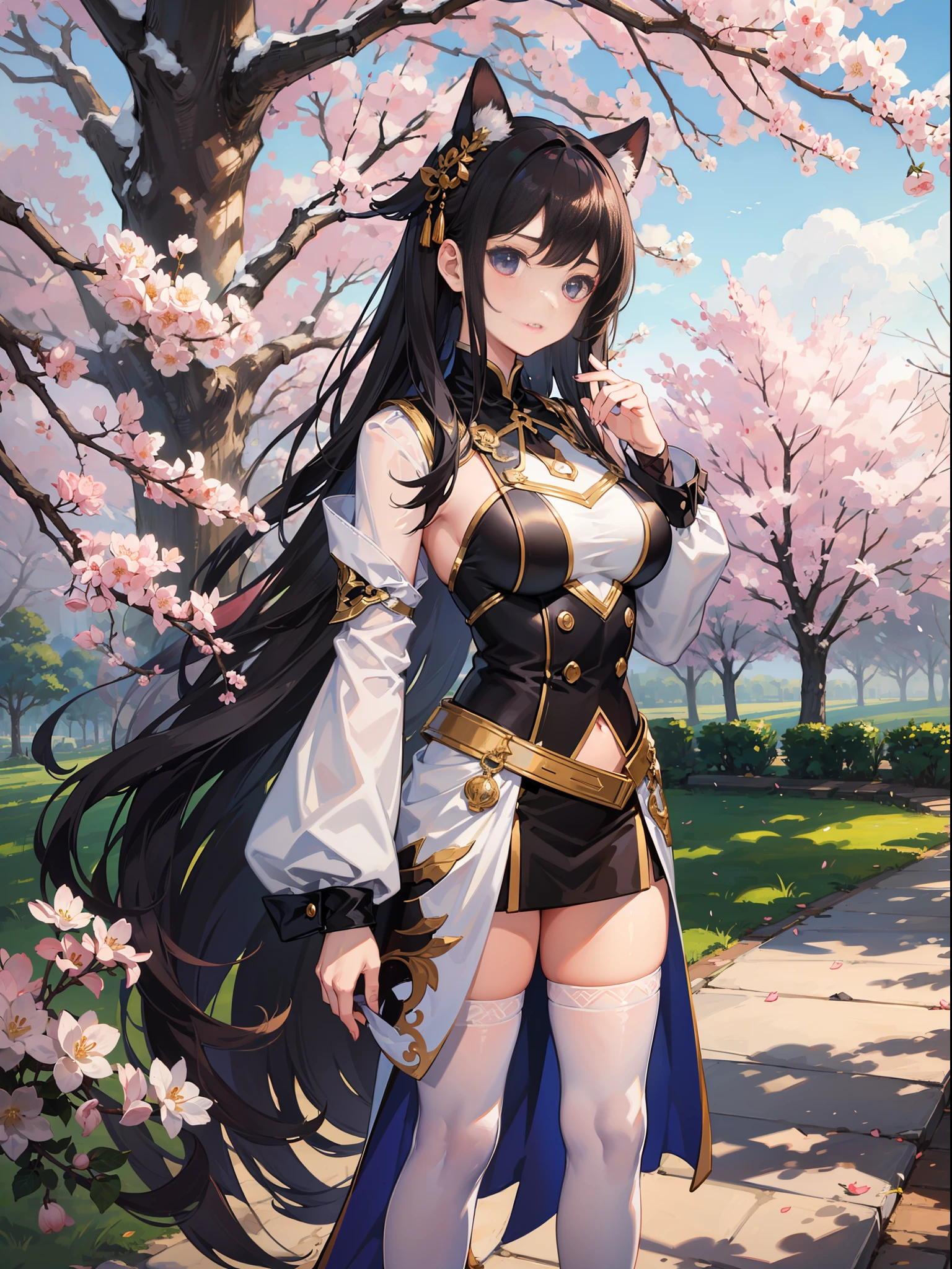 A very good quality,杰作,fantastically detailed,逼真,.A beautiful girl standing casually in front of cherry trees and mechs,centred,a whole body,machine armor,long haired,White miniskirt,clong legs,stilettos,looks at the camera,photographs,White stockings