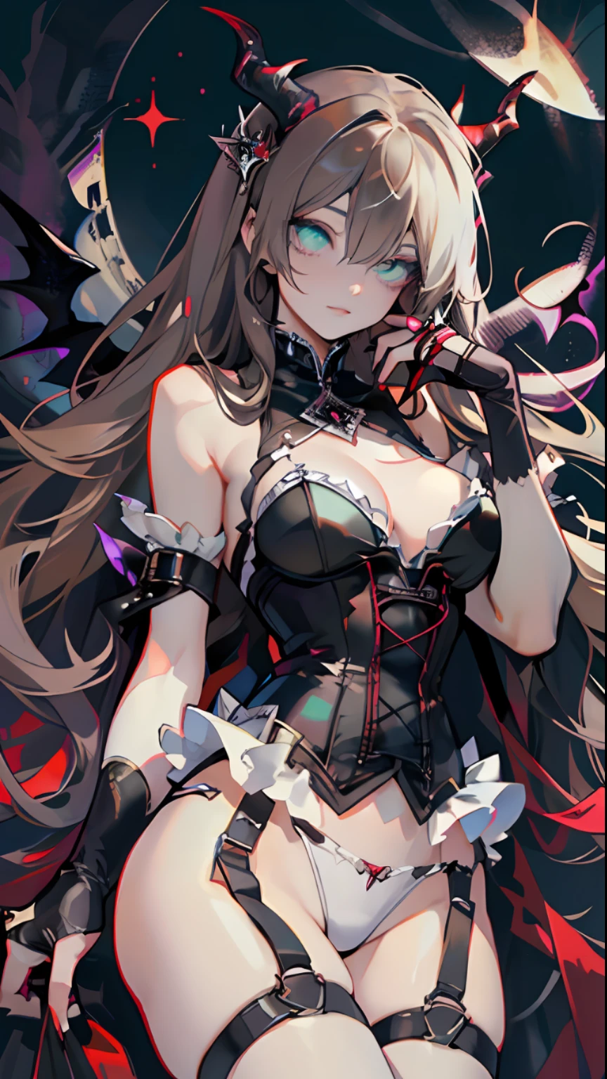 (((Perfect eyes))), ((Perfect limbs))), ((Perfect feature))),Realistic masterpiece of a demon girl with long brown hair ,  a corset, horns, black wings, cat eyes, and perfect green eyes in a dark environment.