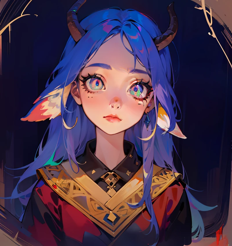 Pixar style, gloomy, negative, twisted, weird, big-eyed loli, colorfulcartoon drawing of a woman with (goat ears), antlers on her head, portrait of a young witch girl, goat horns on her head, close up character + intricate details, epic detailed, (masterpiece:1.1), 8k, (eyes, pupils, detailed eyes:1.1) + intricate details, epic detailed, (masterpiece:1.1), 8k, (eyes, pupils, detailed eyes:1.1)
