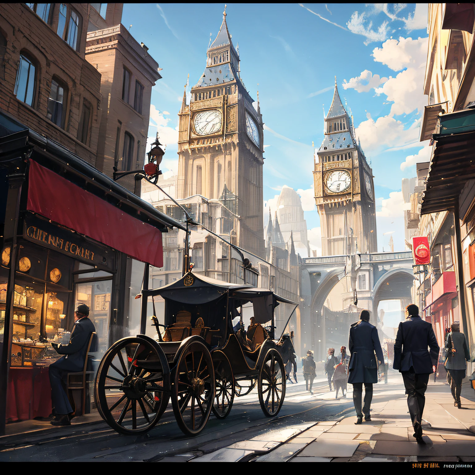london, britain, 19th-century，Daytime with a touch of steam and mystery，There are gentlemen with canes on the street，The streets are lined with Victorian style buildings，There is also this vendor on the street，There are horse-drawn carriages driving on the street