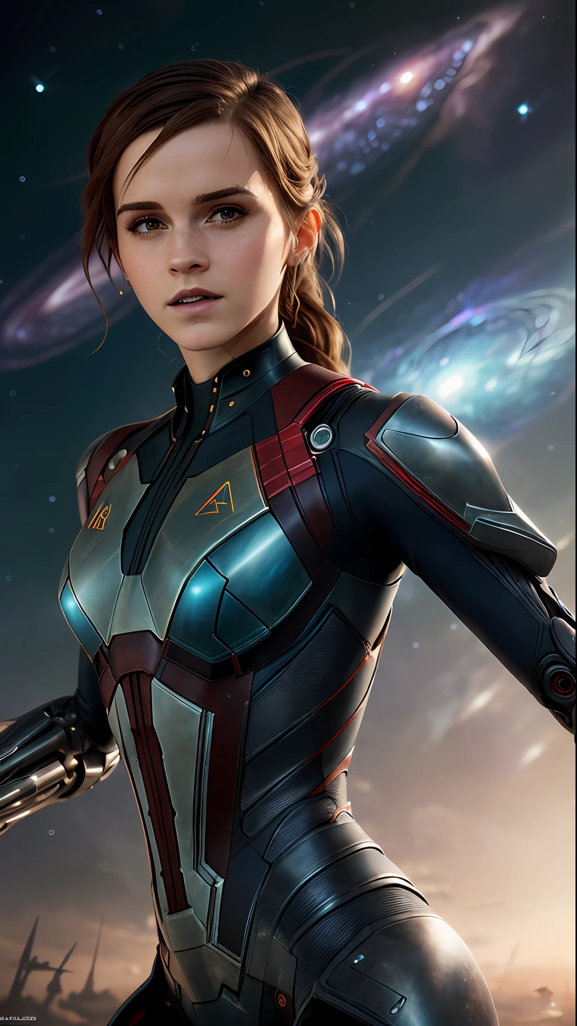 (realisti:1.5), (photo-realistic:1.2), Detailed, Rendering, Epic, biomechanical Emma Watson, cosplay on Nebula, shelmet, white plastic, Ambient lighting, dynamic pose, intricated, elegant, (Dynamic background), Detailed, elegant, Sharp focus, photo by Greg Rutkowski, soft-lighting, bright colors, IvoryGoldAI (Battlefieldds:1.2)