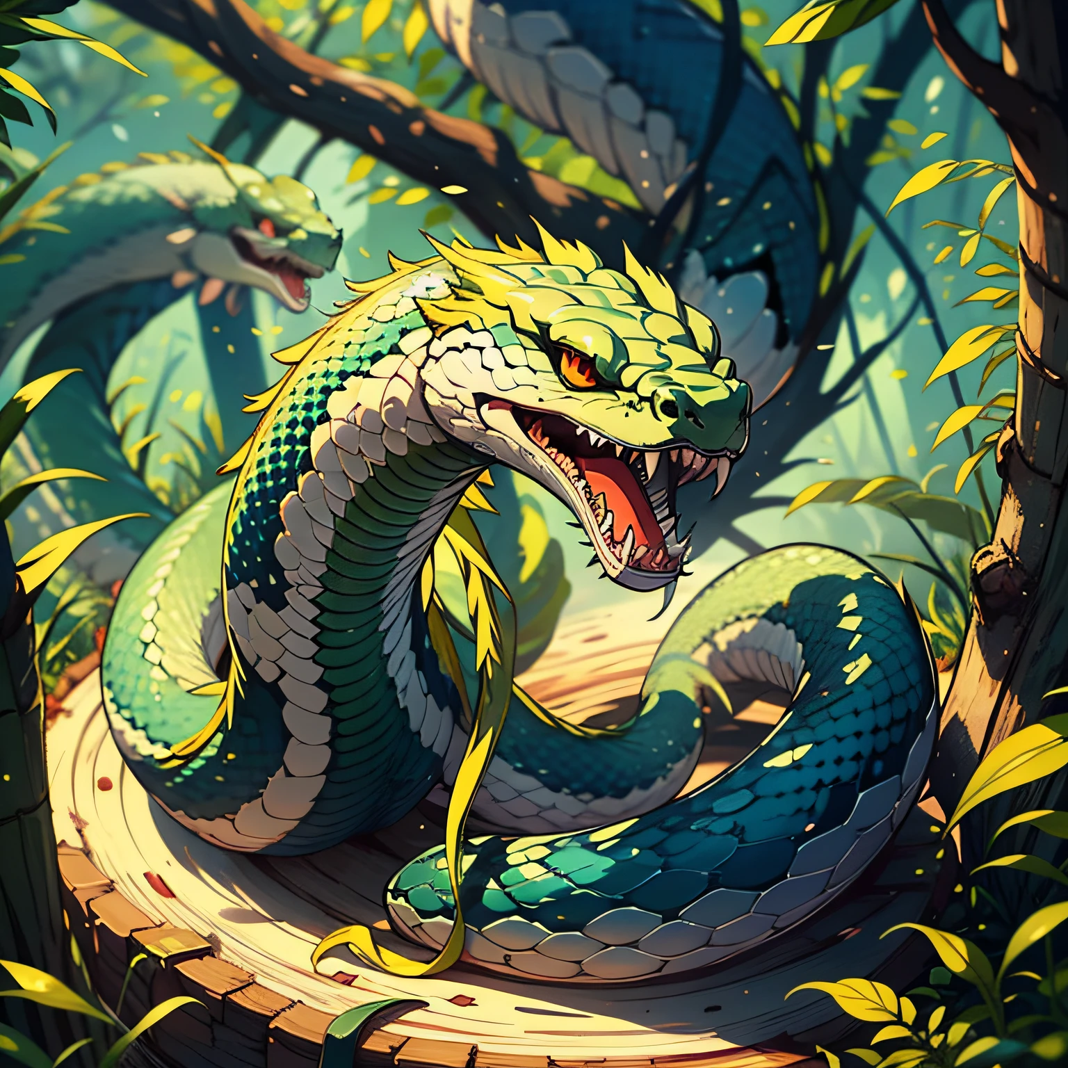 1 snake，Little green snake，Climb on the ground in a circle，Primeval forest，Refer to Cobra，1.5m，Green all over，The body is slender，style of anime，Detail，Vision，Chinese wind