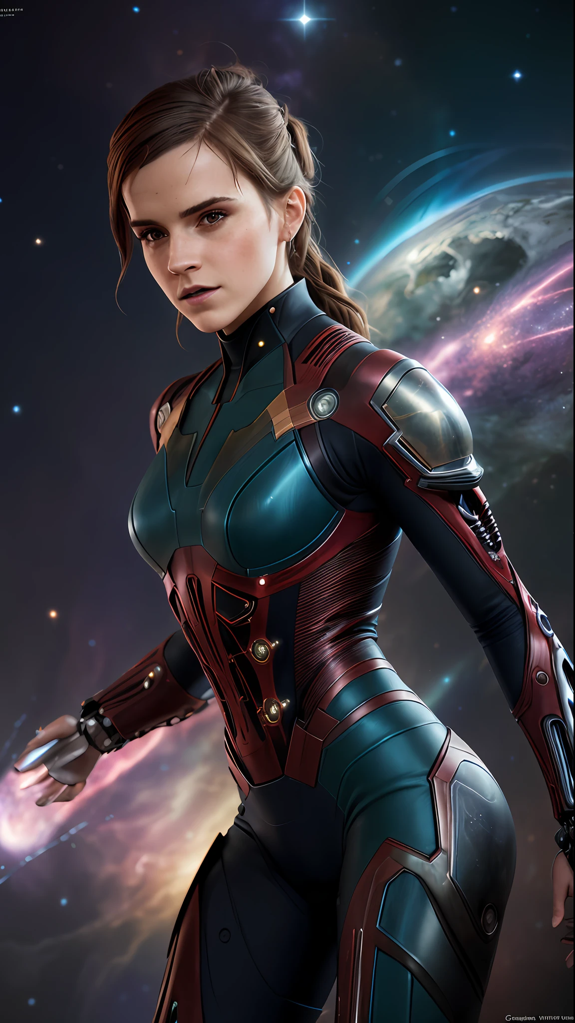 (realisti:1.5), (photo-realistic:1.2), Detailed, Rendering, Epic, biomechanical Emma Watson, cosplay on Nebula, shelmet, white plastic, Ambient lighting, dynamic pose, intricated, elegant, (Dynamic background), Detailed, elegant, Sharp focus, photo by Greg Rutkowski, soft-lighting, bright colors, IvoryGoldAI (Battlefieldds:1.2)