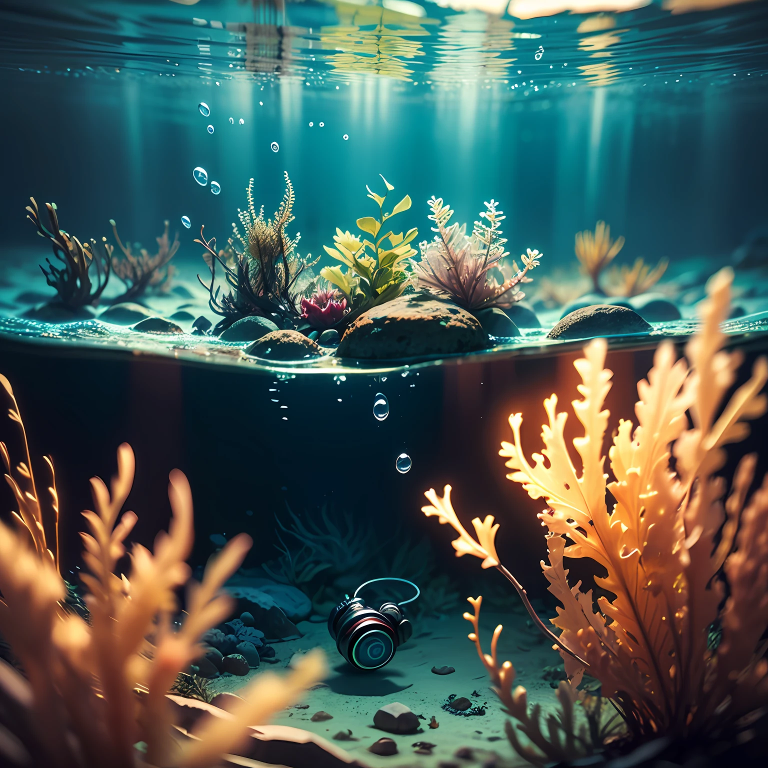 award winning underwater photography masterpiece depicting an old used abandoned headphones floating in the sea, depth of field, rimlight, seaweed, air bubbles floating, rays of light, focused close up shot, kodachrome, realistic vintage textures, moody underwater photograph --auto