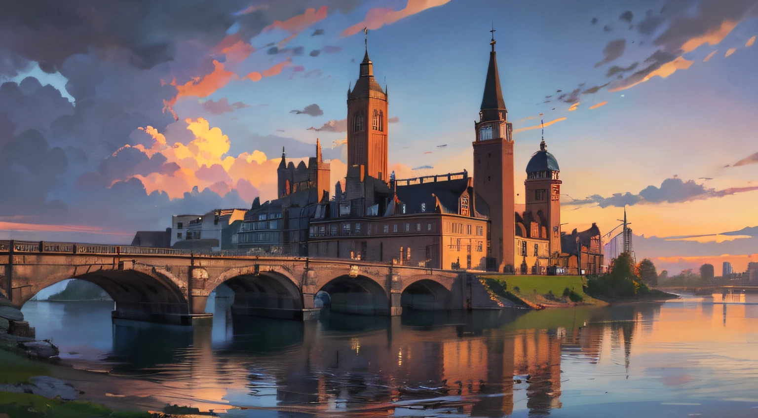 (8k, RAW photo, best quality, masterpiece), architecture, beach, evening_sky, boat, bridge, building, city, city_lights, cityscape, cloud, cloudy_sky, evening, victorian_architecture, horizon, house, landscape, mountain, no_humans, ocean, outdoors, river, rooftop, scenery, sky, skyline, skyscraper, tower, town, water, watercraft, waterfall, time progression, (19th century, victorian, industrial,factories),