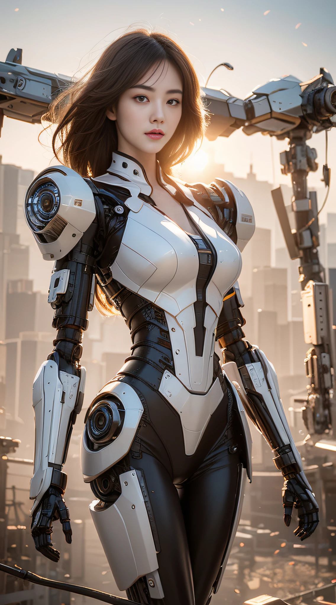 Complex 3d rendering very detailed beautiful ceramic silhouette female robot face, behind stands a huge cherry blossom pink mech warrior, robot parts, 150mm, futuristic battlefield, edge light, vibrant details, luxurious cyberpunk, lace, surrealism, anatomy, facial muscles, cable wires, microchips, elegant, beautiful background, octane rendering, HR Giger style, 8k, best quality, masterpiece, illustration, very refined and beautiful, very detailed, CG, unified, wallpaper, (realism, fidelity: 1.37), amazing, fine details, masterpiece, best quality, official art, very detailed CG unified 8k wallpaper, robot, full body, the overall painting style is very domineering,