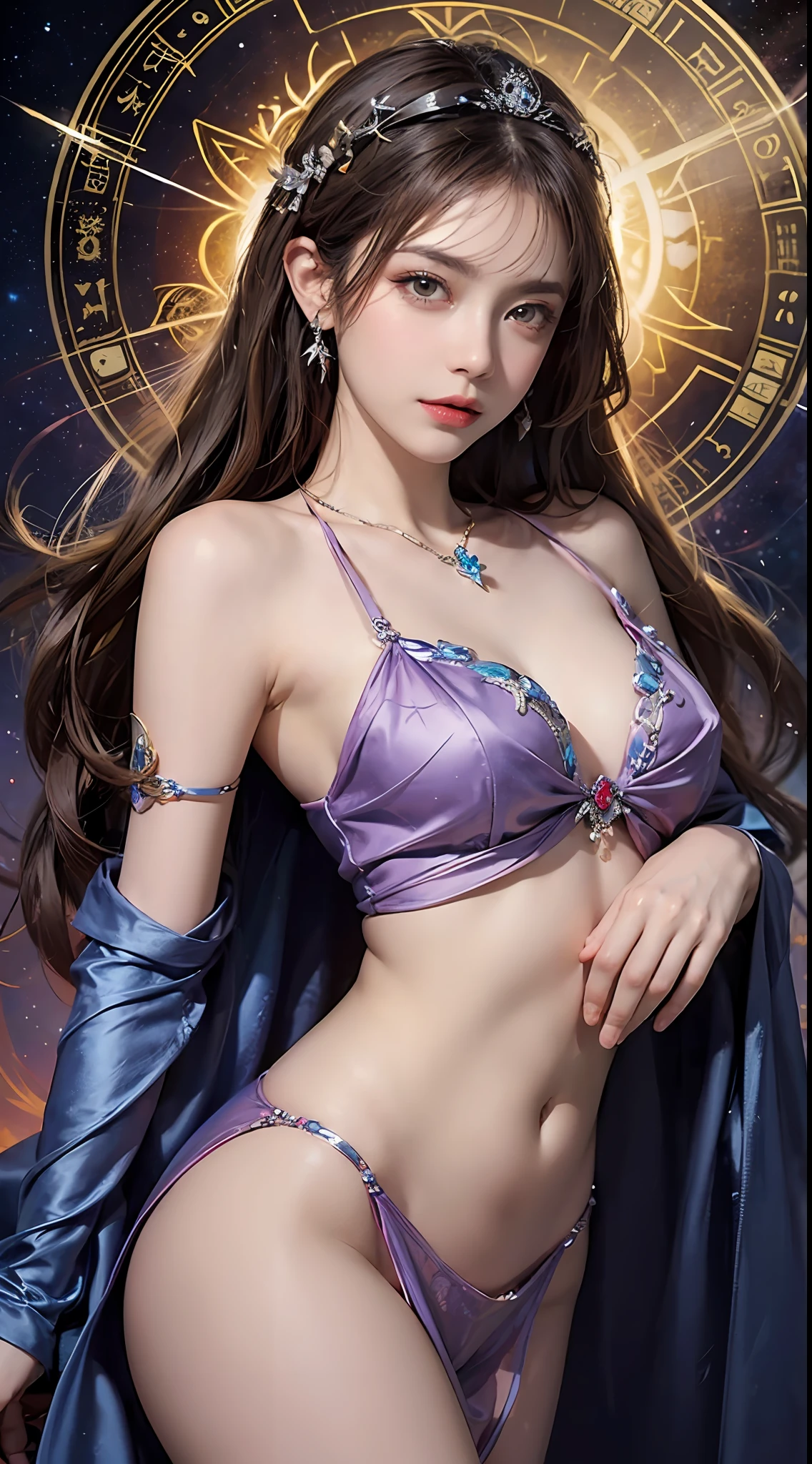 1 27-year-old girl, 1 zodiac goddess from the future, 12 zodiac goddess pink purple, 12 zodiac goddess face  thin yellow nightgown, long thin nightgown 12 zodiac many limbs  black lace detail, mythical goddess of the 12 zodiacs from the future, zodiac ♏, luxurious glittering zodiac style, dark and mysterious version, zodiac crown, lipstick red lips, thin and pretty lips, don't smile, keep your mouth shut, characters created by karol bak and pino daeni, intricate detail, detailed background, extremely detailed, light magic, a woman, clear face, looking at the upper body of the goddess of the zodiac, round , big and round , phoenix hair brooch, long hair with bangs, beautiful detailed face and well-proportioned eyes, (transparent yellow eyes: 1.8), big round eyes and very beautiful and detailed makeup, visionary, long silk nightgown, mysterious makeup, Bracelets, side bangs and dye pale yellow, upper body, (zodiac goddess upper body: 1.8), drooping arms, Realistic and vivid photo, (stars that make up the zodiac: 1.7), ( sky zodiac and fictitious space and time portal: 1.8), fiction art, RAW photo, hanfu photo, best photo , high_res, best quality, best photo, 8k quality, 8k ultra , surrealism, the most economical real photo, artistic portrait of 12 zodiac signs, 1 symbol of 12 zodiac signs behind, single portrait of 12 zodiac goddess, The most realistic color scheme, best photo color, masterpiece, hair ornament, necklace, jewelry, Beautiful face, upper body, tyndall effect, photo realistic, dark studio, border light, two tone light, (detailed skin) high: 1.2), 8k uhd, dslr, soft light, high quality, volumetric light, candid, Photo, high resolution, 4k quality, 8k, Bokeh, Smooth and sharp, pixel up 10 times, Charming zodiac goddess,  zodiac goddess, (background space: 1.8), (galaxy: 1.7), aurora, lightning, (Aurora Background: 1.8) <lora:locon_perfecteyes_v1_from_v1_, beautiful goddess and flowers,