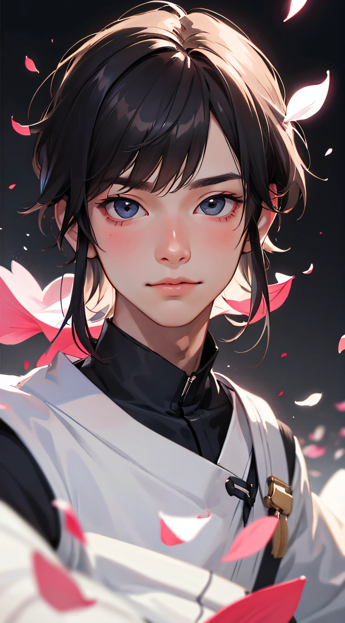 （best qualitiy，杰作，Hyper-realistic），1 cute boy portrait，Playful and cute，Background Petals drifting