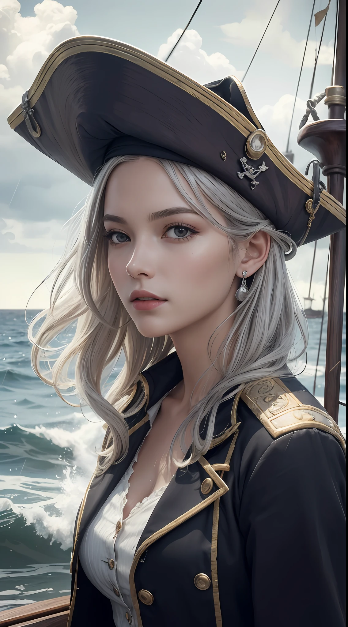 (masterpiece, best quality, award winning, photorealistic, highres), 1 beautiful female pirate, skinny, tall, pirate hat, intricate pirate clothes, intricate and beautiful design, highly detailed beautiful face, silver hair, medium hair, on pirate ship, storm, rain, rough sea, detailed background, water splash, extremely CG detail, ultra detail