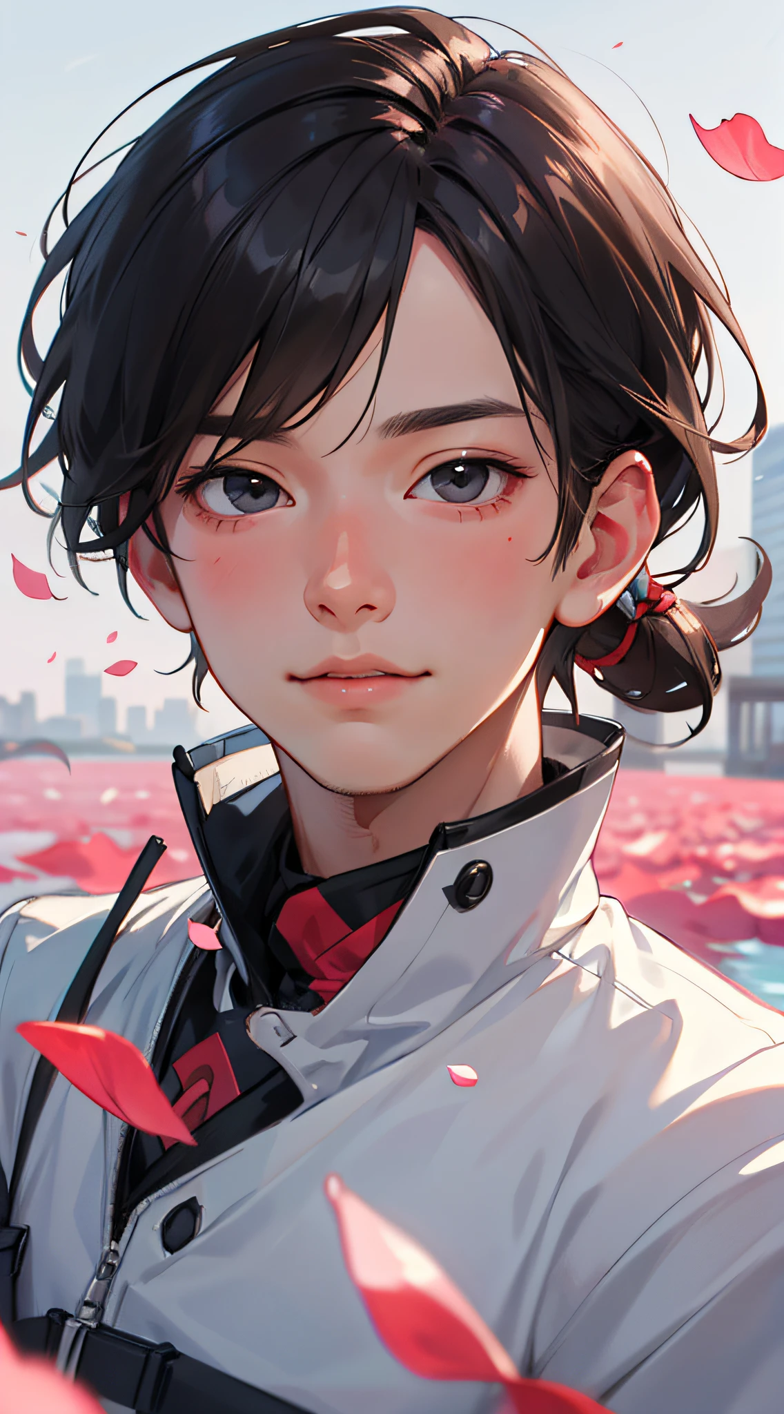 （best qualitiy，杰作，Hyper-realistic），1 cute boy portrait，Playful and cute，Background Petals drifting