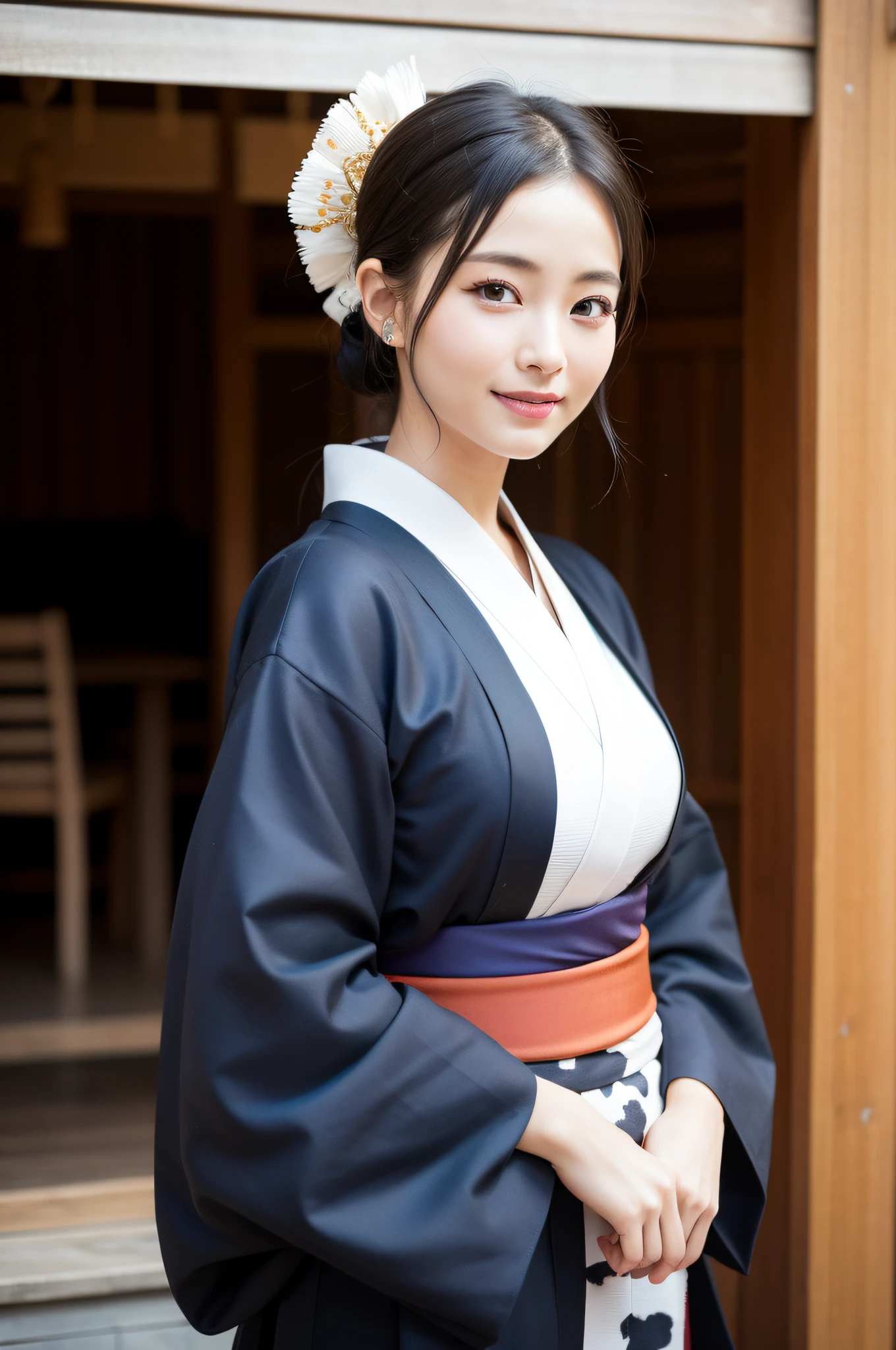 ((beste Quality、8K、巨作:1.3))、sharp-focus:1.2、(ultra beautiful face:1.0)、(Slender Abs Beauty:1.0)、(shinny skin:1.0)、photo realstic、dark haired、Realistic pupils、Video Lighting、High-definition eyes and face、Video Lighting、(cow-boy shot:1.3)、(Kimono、Hakama、obi:1.4)、(Korean Cute Actress)、Traditional kimono、from front view、huge  boobs、A slight smile