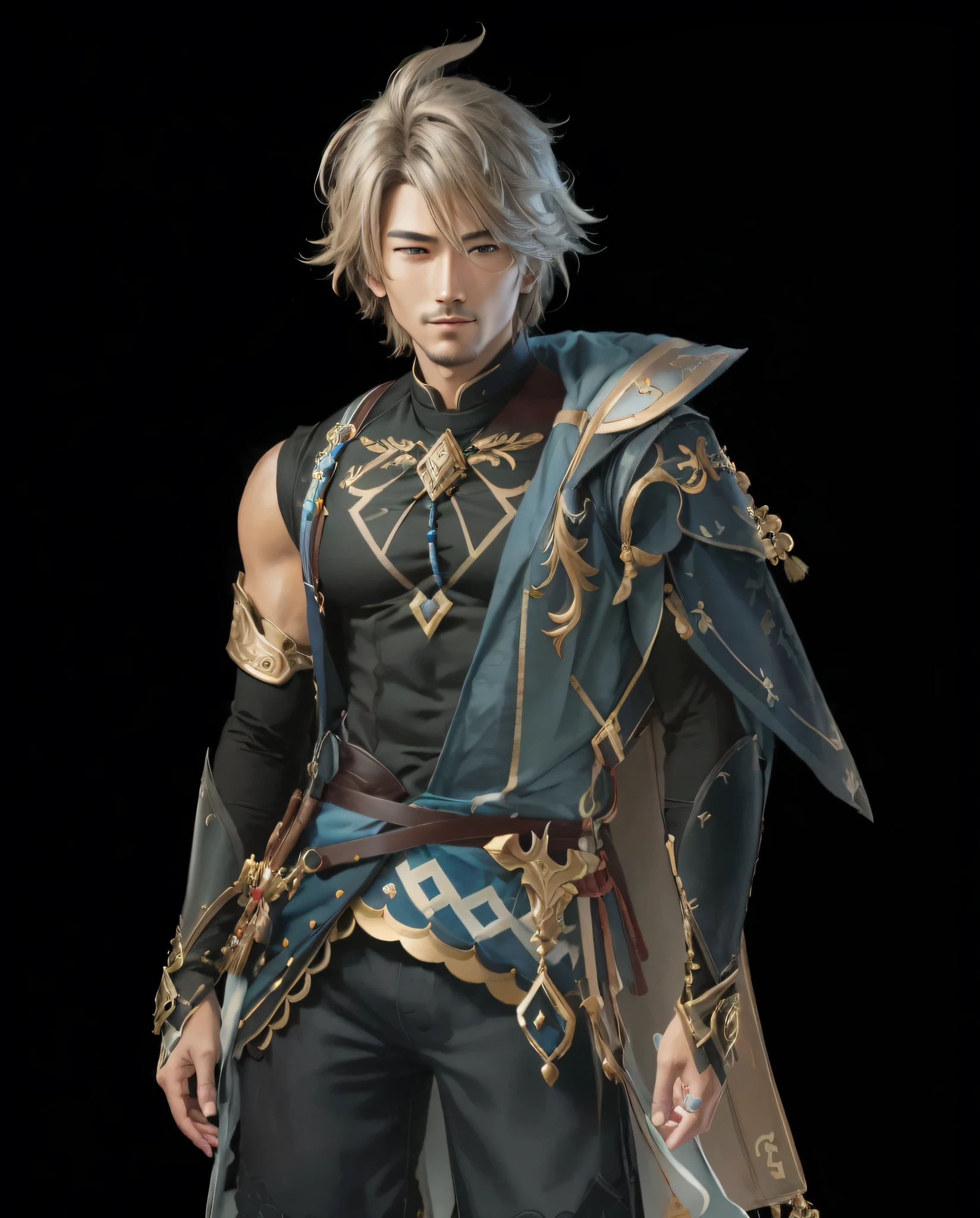 a close up of a person in a costume with a sword, genshin impact character, keqing from genshin impact, genshin, zhongli from genshin impact, genshin impact style, genshin impact, official character art, tall anime guy with blue eyes, video game genshin impact, smirking male bard, 8 k character details, musculin, realistic, ultra detail, fix glitch, UHD, HDR