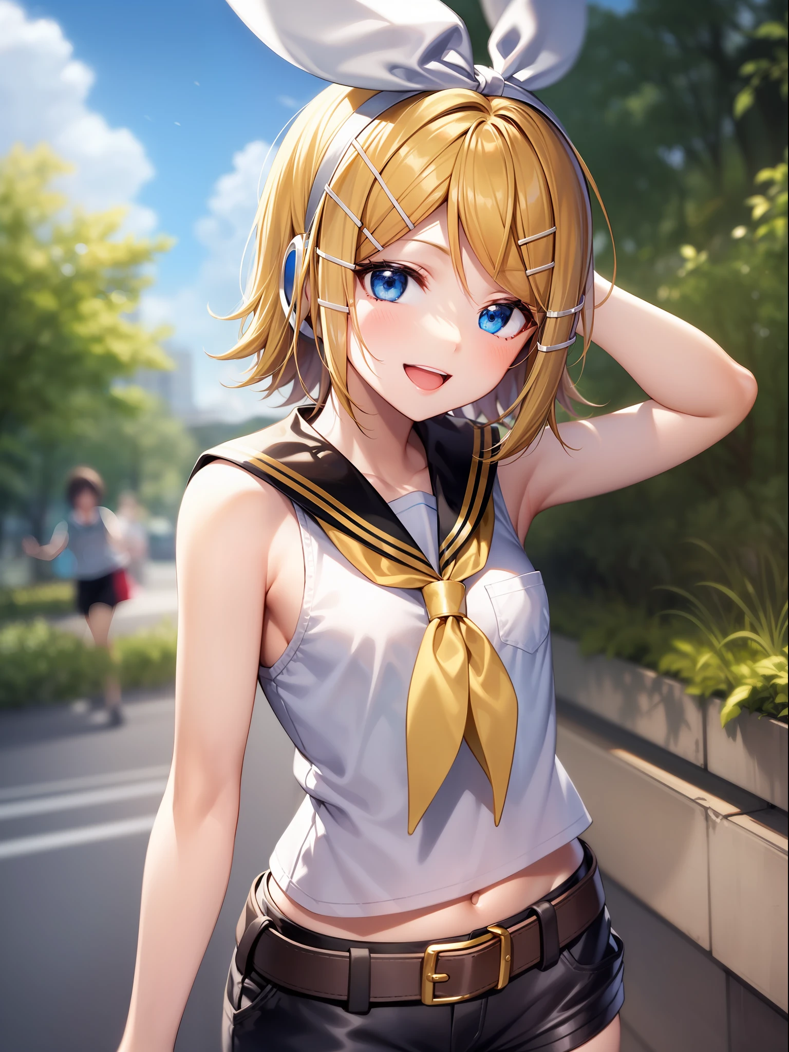 (kagamine_rin), big smile, happy, she loves you, blue eyes, (small breasts), slender, sleeveless, head phone, (gold hair), short hair, sailor collar, black short pants, white shirt, belt, young, shiny sky, outdoor