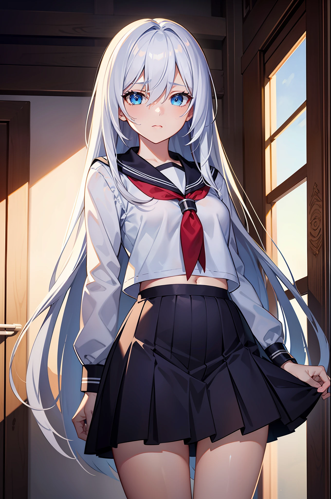 Masterpiece, Best quality, Masterpiece,Best quality,officlal art,Extremely detailed CG unity 8k wallpaper, dusk, strong rim light, intense shadow, Game_CG, girl, hair between eyes, Blue eyes, Small breasts, tsurime, midium hair, White hair, serafuku, half-closed eye, embarrased ,