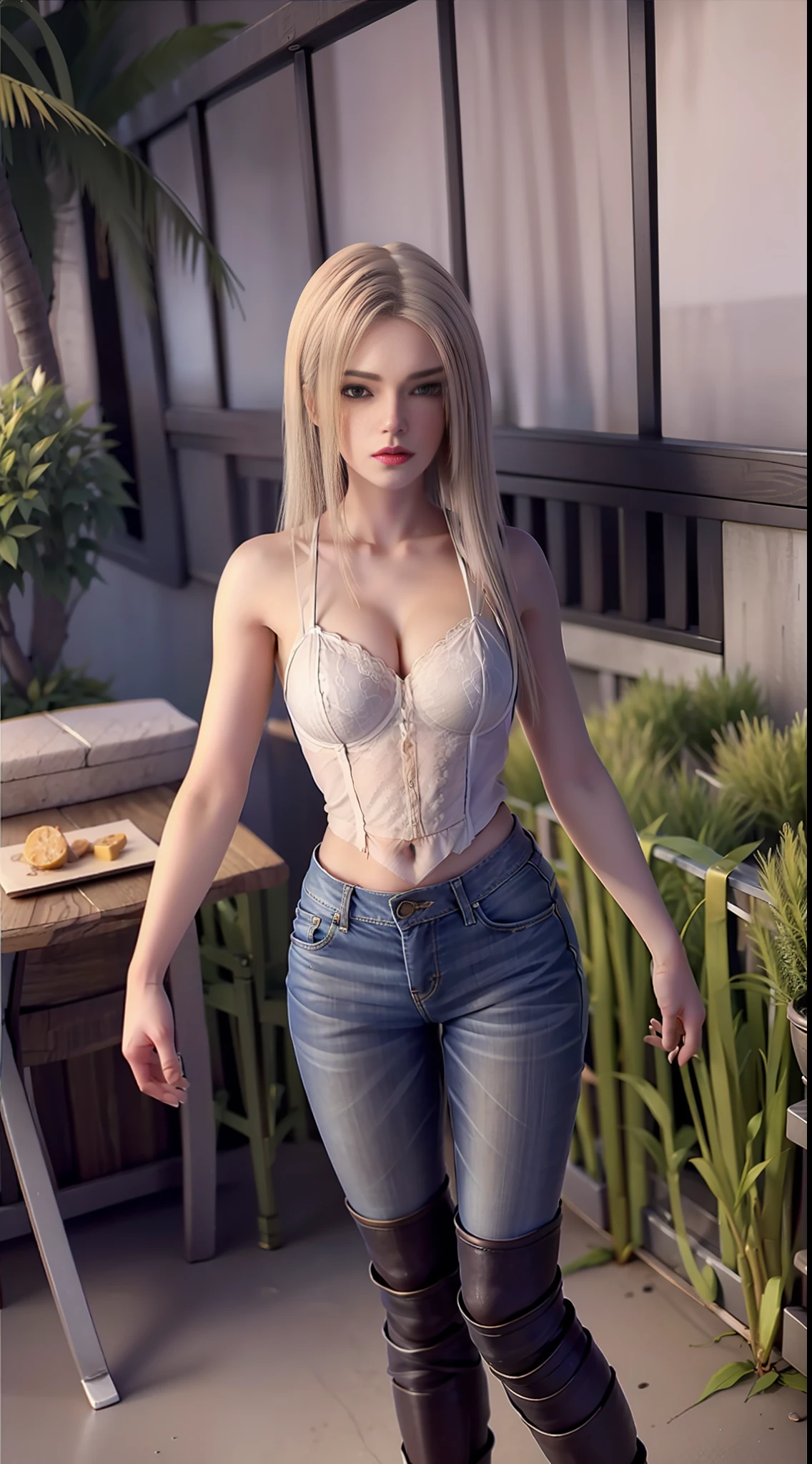 kaisha，The ultra-great resolution，逼真，Photorealistic， imagination， （realistically），composition，（HDR：1.5）， al fresco， complicated detail，Ultra-short-haired，chemise，Denim pants，Long boots，a whole body，Long legs，8K，to stand，red-lips，Spread your arms，