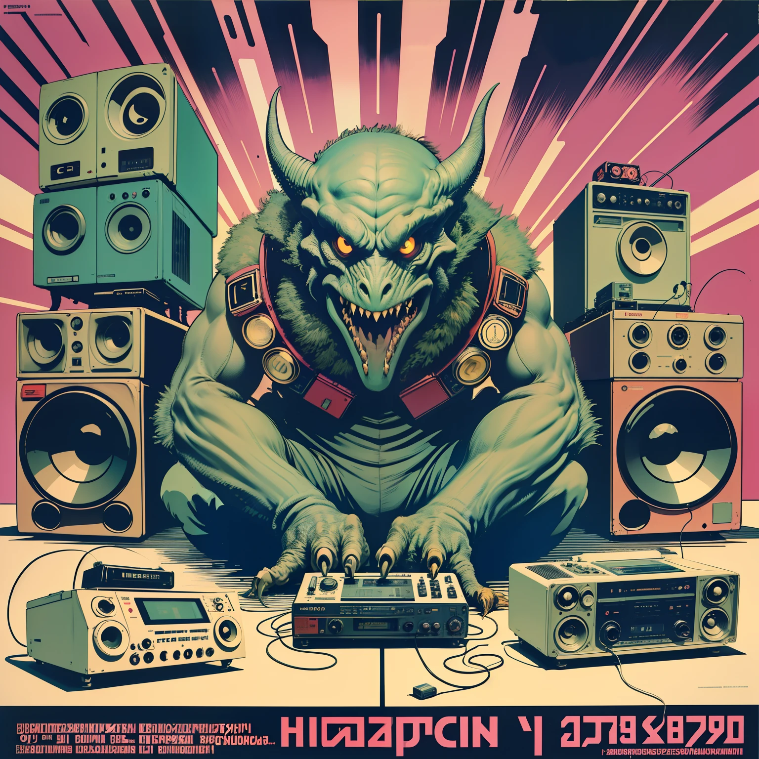 ((CCCP Poster, Soviet Poster)) ( (((a monster creature))), sitting on the floor, holding, a boombox with a radio on top of it, boombox, ghetto blaster, big ghetto blaster, tape deck, lofi hip hop, audio equipments, cassette, retro technology, nostalgic vibes, 1 9 8 0 s tech, radios, vintage - w 1 0 2 4, from the 8 0 s) propaganda Poster, poster, Poster design, poster art style. 1980s, 1950s, 1960s, basic colour scheme, Very colourful poster, colour art, thirds rule, inspiring,