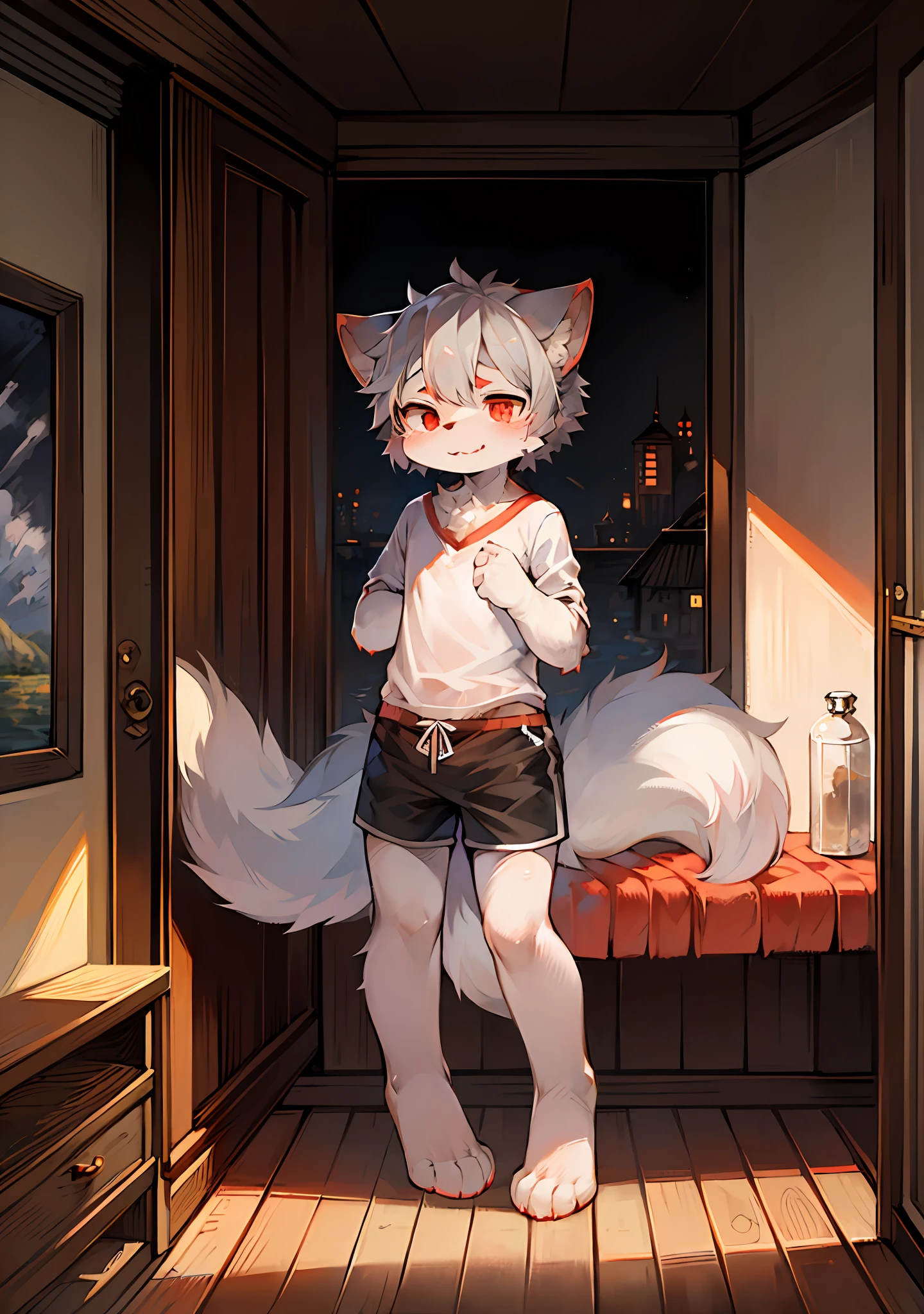 (Dark environment:0.8),masterpiece,high quality,abstract res,digital painting\(artwork\), by dagasi, yupa,kiyosan,(anthro,fluffy fur,character focus:1.1),anthro male cat,short hair,portrait , Bright eye, the panorama, Character focus.(detailedbackground:0.7), 独奏, shaggy, Hairy male, Male focus, anthr,(Full Body Furry, Fluffy tail, White fur, Red eyes, Gray hair:1.2), (long canines、swimming trunks:1.2),(interiors、beachside:1.1)