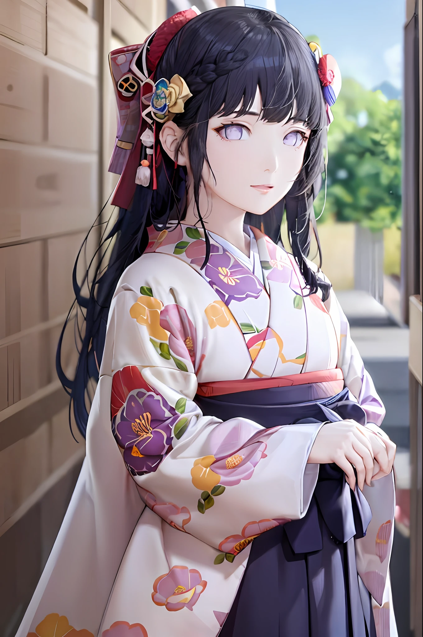 hakama skirt, 1girl, solo, outdoor, cute japanese model girl, floral print, hair ornament, kimono, hakama, bangs, masterpiece, best quality, purple eyes, dark blue hair, long hair, blunt bangs, updo hair