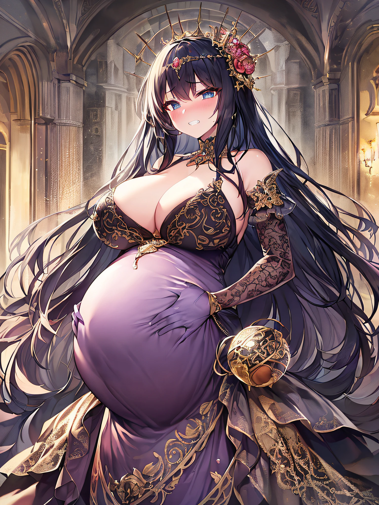 ((anime artstyle)),(Masterpiece),(Best Quality), (Super Detail),((Very Delicate and Beautiful)),Focus on character,Dynamic Angle,Looking at viewer,((Solo)),standing,(((full body))),((one evil pregnant princess in gorgeous ball gown with voluminous skirt)),detailed face and eyes,((heavily pregnant)),((clenched teeth,blush)),embarrassed,jewel-like eyes,((Very Long voluminous Hair)),gorgeous embroidery and lace,See-through,ornate ruffles,Gorgeous jewelry ornaments,luxury hair ornament,luxury and evil tiara with jewels,(gigantic breasts,Long breasts),full body,(((evil and dark atmosphere))),full body,heavily pregnant,(inside of prison),jeweled evil ball gown,(((gorgeous ball gown with voluminous skirt)))