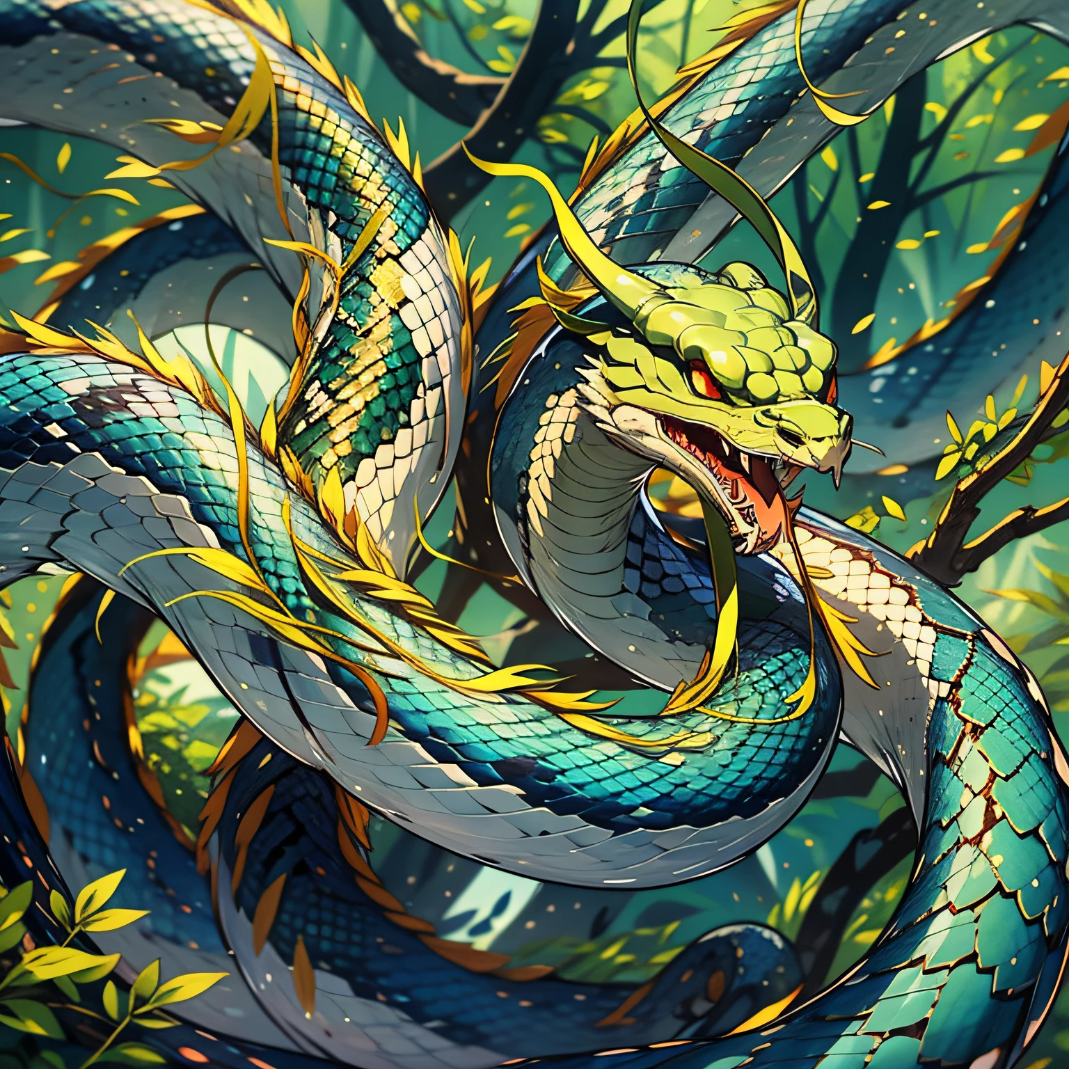 1 snake,Little green snake,Entangled in towering trees,Primeval forest,Refer to Cobra,1.5m,Green all over,The body is slender,style of anime,Detail,Vision,Chinese wind