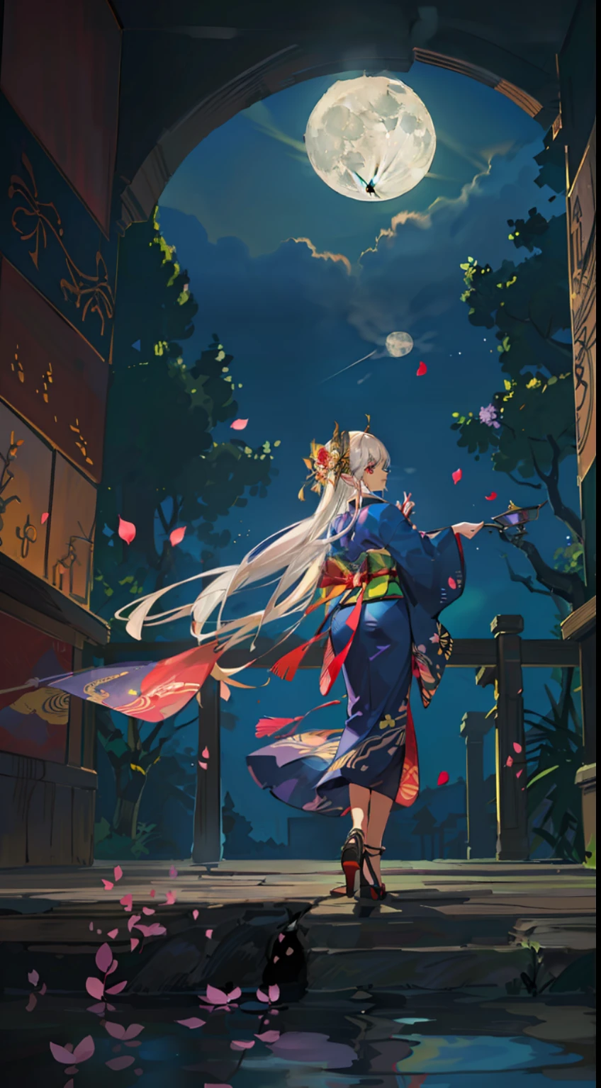 Open landscape , Landscape , Panorama shot , (Looking up, Looking down), Shrine maiden looking up, (Full moon: 1. 2), (Shooting star: 0. 9), (Nebula: 1. 3), Starry sky, Shining lantern, Fantastic cherry blossom tree, Trees, (Warm light source: 1. 2), (Firefly: 1. 2), Lamp 3), Starry sky, Torii gate, (Warm light source: 1. 2), ( (Firefly: 1. 2), Lamp, Orange and Blue Fine Detail, (Masterpiece: 1. 2), (Best Quality), 4k, Ultra Fine Detail, (Dynamic Composite: 1. 2), (Best Quality), Lamp, Orange and Blue Voluminous Lighting Main Fine Detail BREAK ((Masterpiece: 1.2), (Best Quality), 4k, Ultra Fine Detail, (Dynamic Composite: 1.4), Very Fine Detail, Colorful Detail, (Iridescent: 1. 2), (Luminous Lighting, Ambient Lighting), Dream like ( Ambient Lighting), dreamy, fantastic, (Solo: 1.2), sparkling, petals dancing, dancing light, white hair, beautiful hair, long hair, dancing hair, back view, puddle, dynamic pose, priestess outfit, priestess, red kimono
