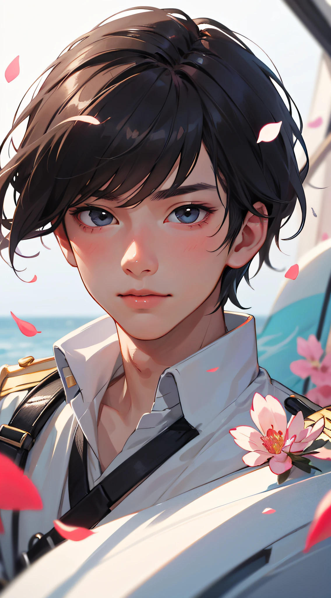 (best qualitiy,杰作,Hyper-realistic),1 cute boy portrait,Playful and cute,Background Petals drifting