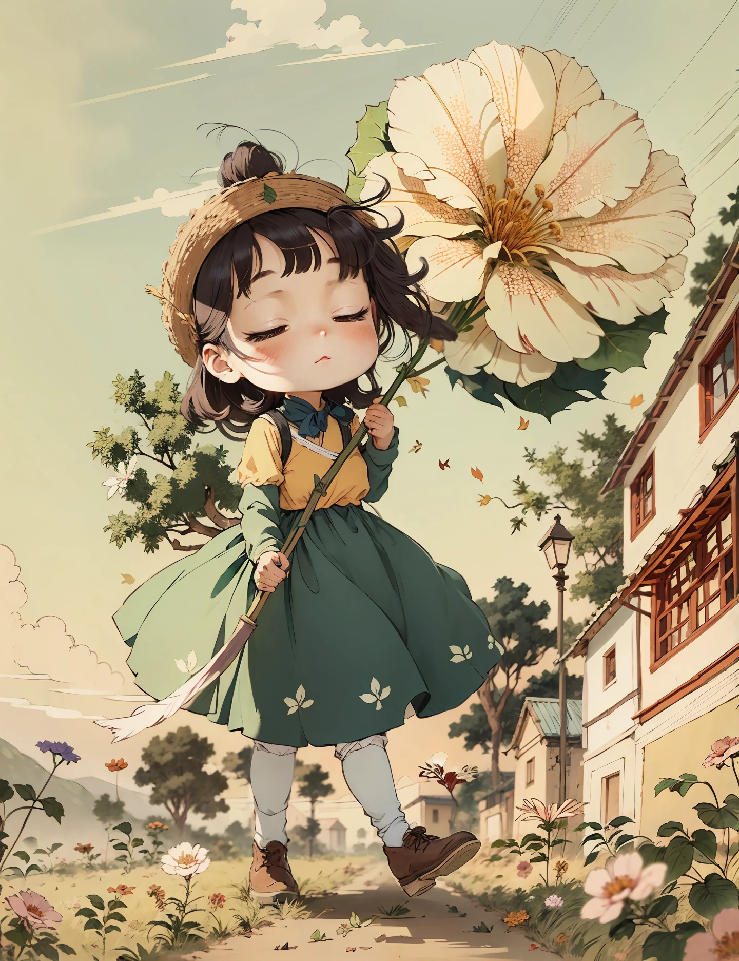 A girl with a huge flower walks on the grass，Sunny weather，Leaves fluttering in the wind