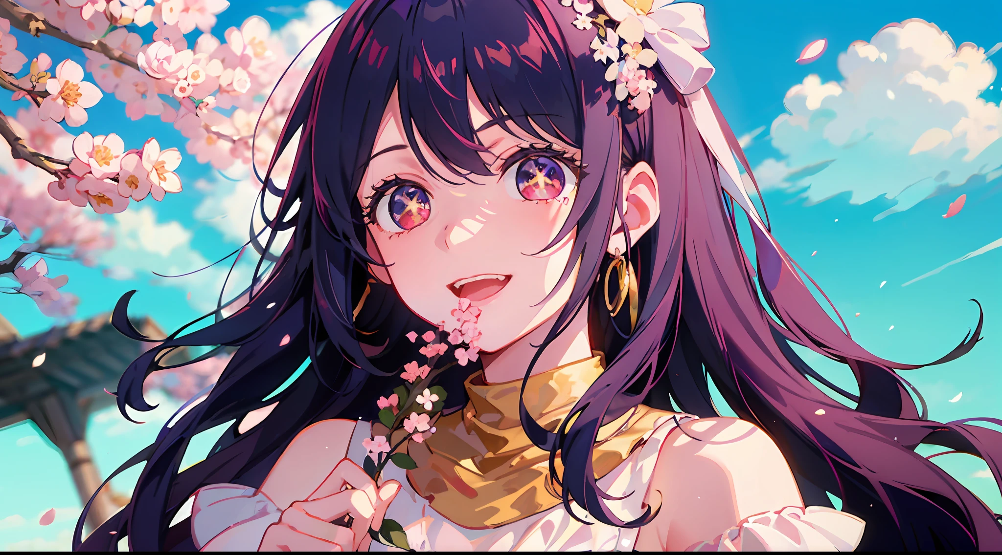 cherry_blossoms, falling_petals, petals, branch, pink_flower, 1girl,20-year-old, blue_sky, spring_\(season\), petals_on_liquid, flower, hanami, dress, (golden long curly hair: 1.5), wearing flower wreath, sky, outdoor, Clouds, bangs, smile, pink eyes, white dress with cherry blossoms, bare shoulders, earrings, best quality. Picture perfect. holding_flower, wind, tree, looking_at_viewer, cowboy shot, detail enhancement.