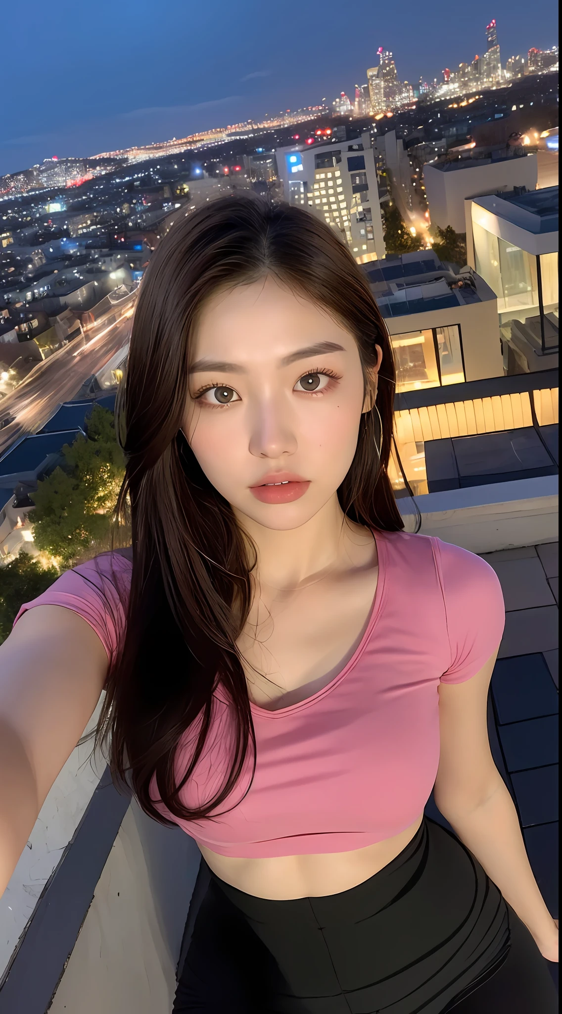 ((midnight, Need, 8k, 杰作:1.3)), a whole body, Long legs, Focalors:1.2, perfect figure beautiful woman:1.4, Slim abs:1.1, ((Dark brown hair, Giant tits:1.2 )), (Pink skinny T-shirt, Yoga leggings, to stand:1.2), ((City Night View, roofs:1.3)), Highly detailed facial and skin texture, detailed eye, Double eyelid