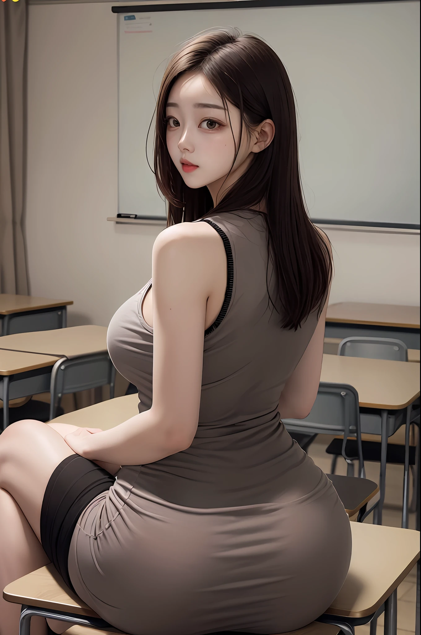 photo of 26 years old milf woman is teacher in a classroom, sitting at desk, tight dress, jaw dropping, perfect body show, front and back view, solo shot , 1 girl, solo girl.