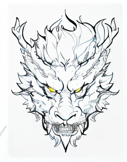 Line drawing of the tap with horns，faucet，Dragon face，Symmetrical head and eyes，faucet，sharp cyborg dragon head，line art illustration，Smooth faucet，illustration black outlining，vector line art，Tattoo color illustration，Well-designed female faucet，Scar dragon